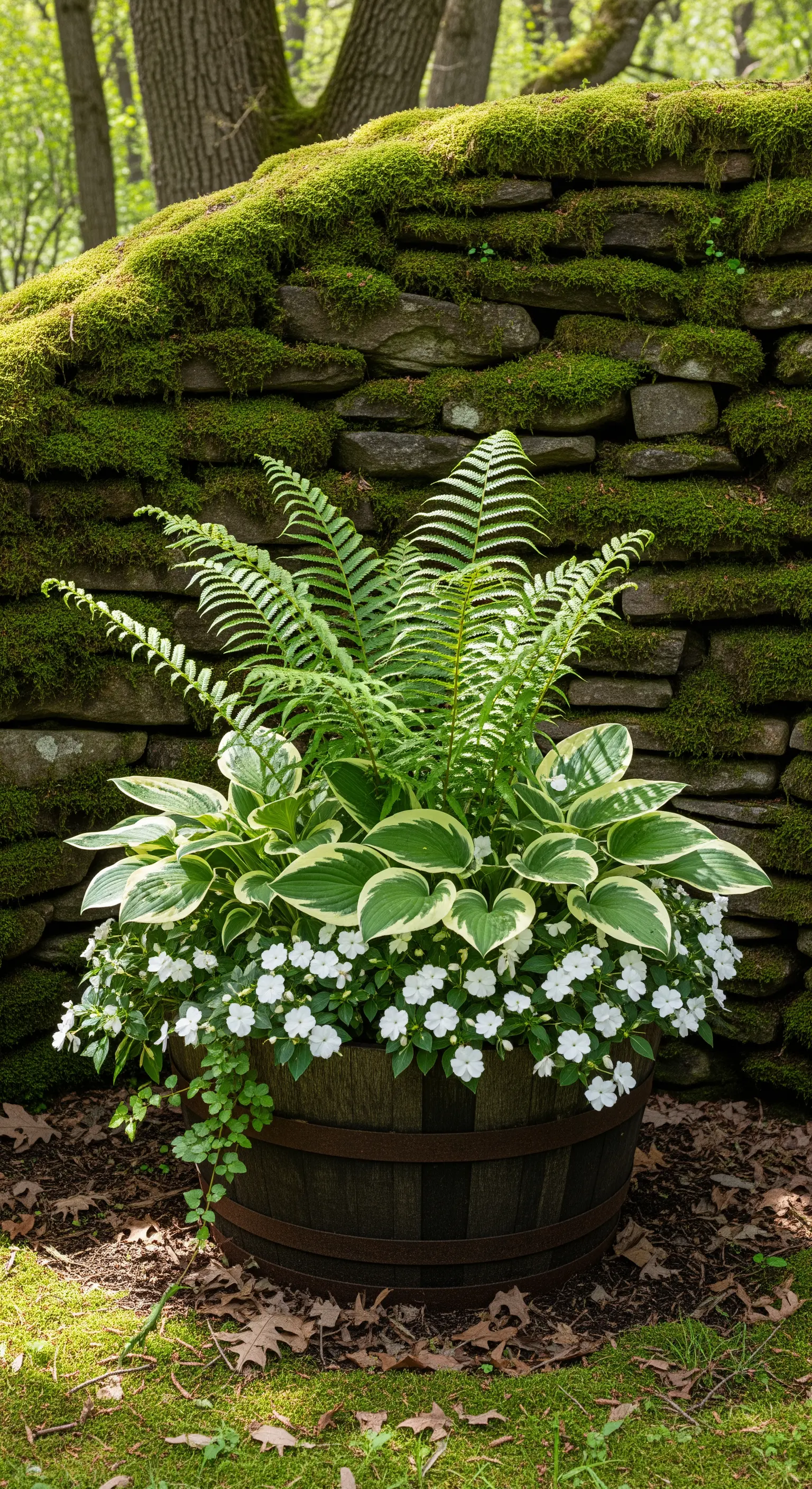 Botte di legno con una composizione di felci, hosta e fiori bianchi davanti a un muro di pietra