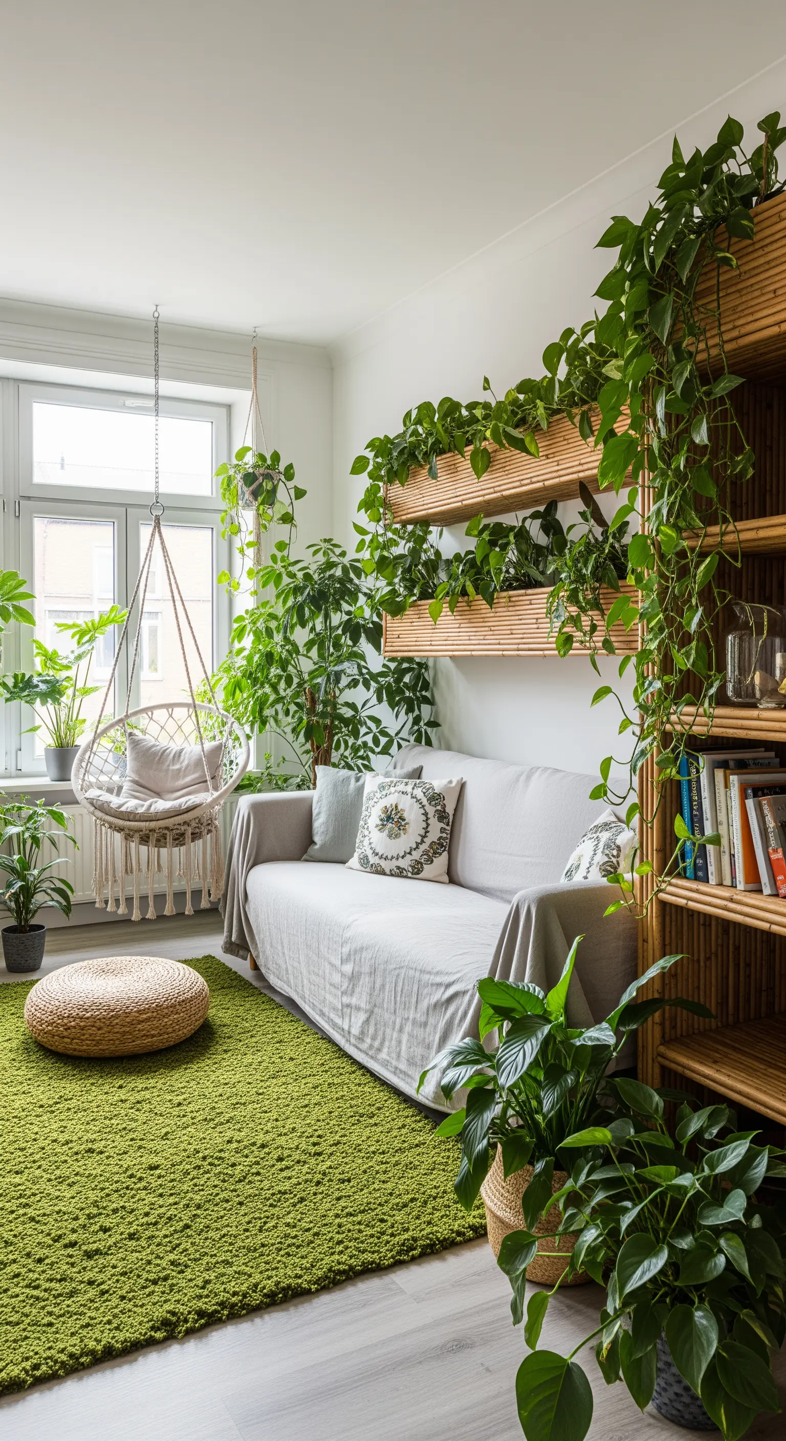 Soggiorno pieno di piante con libreria in bambù, sedia sospesa in macramè e tappeto verde.