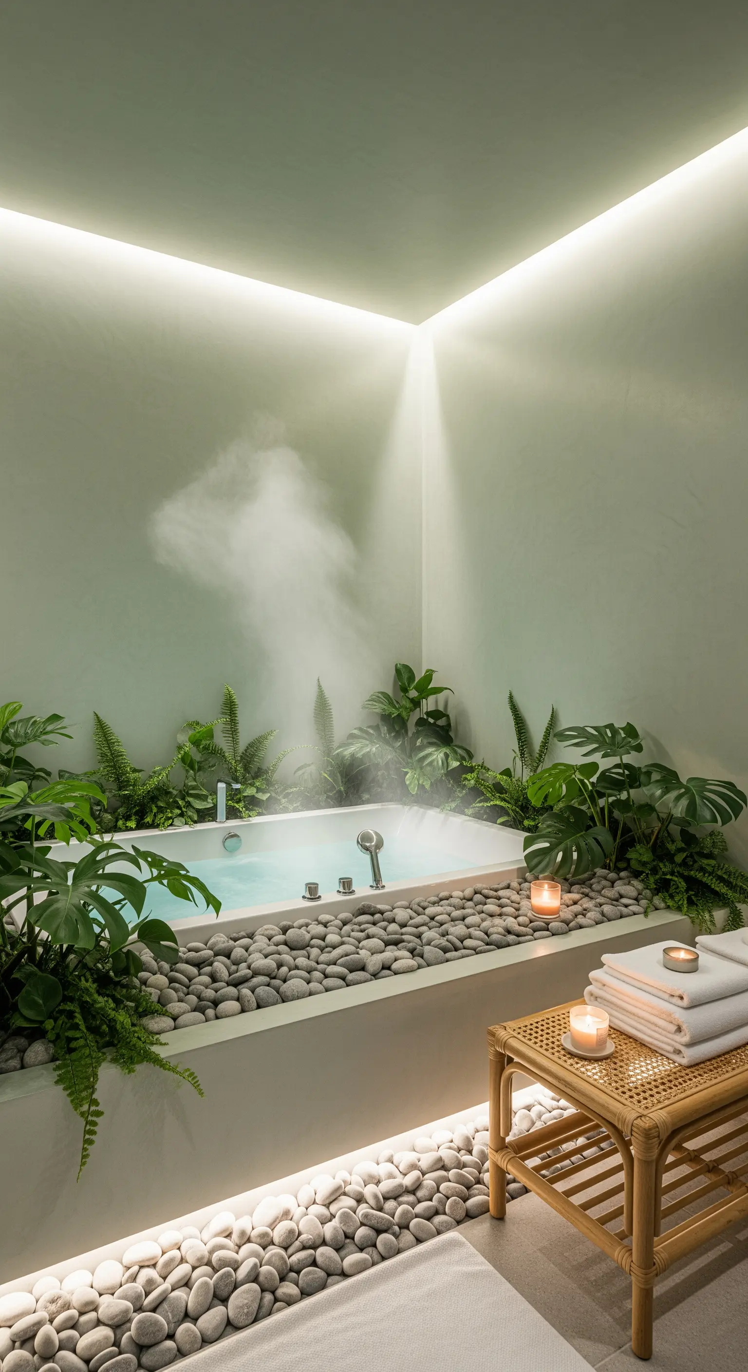 Vasca da bagno circondata da ciottoli, piante tropicali e illuminazione LED nascosta.