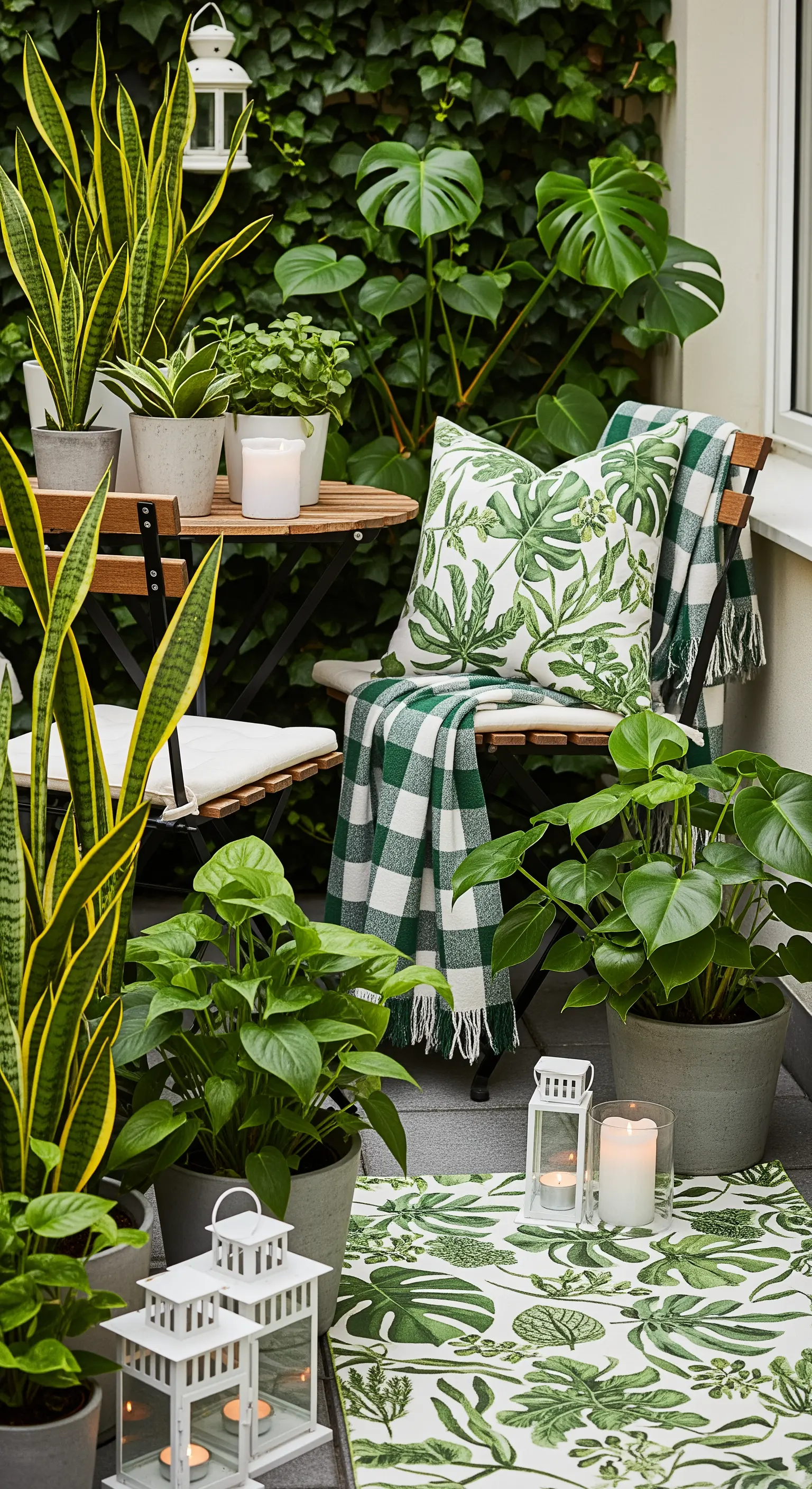 Balcone rigoglioso con piante, arredi in legno e tessuti con stampa di foglie tropicali.