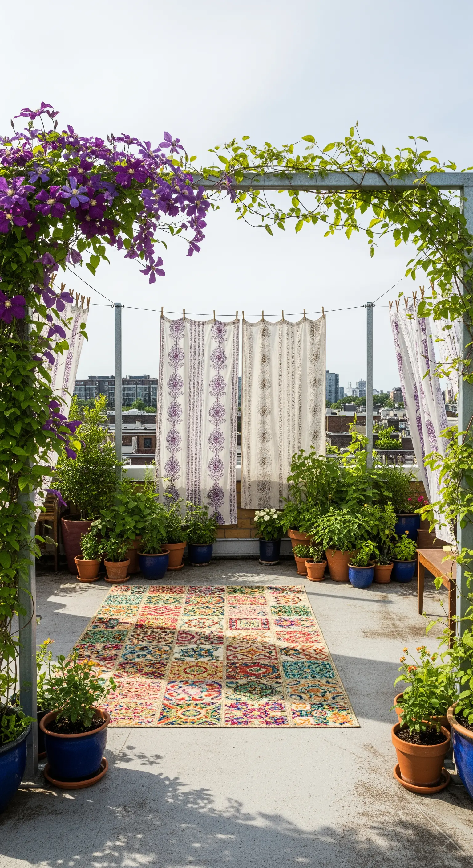 Terrazzo urbano con pergolato ricoperto di clematidi, tappeto patchwork e tende leggere appese.
