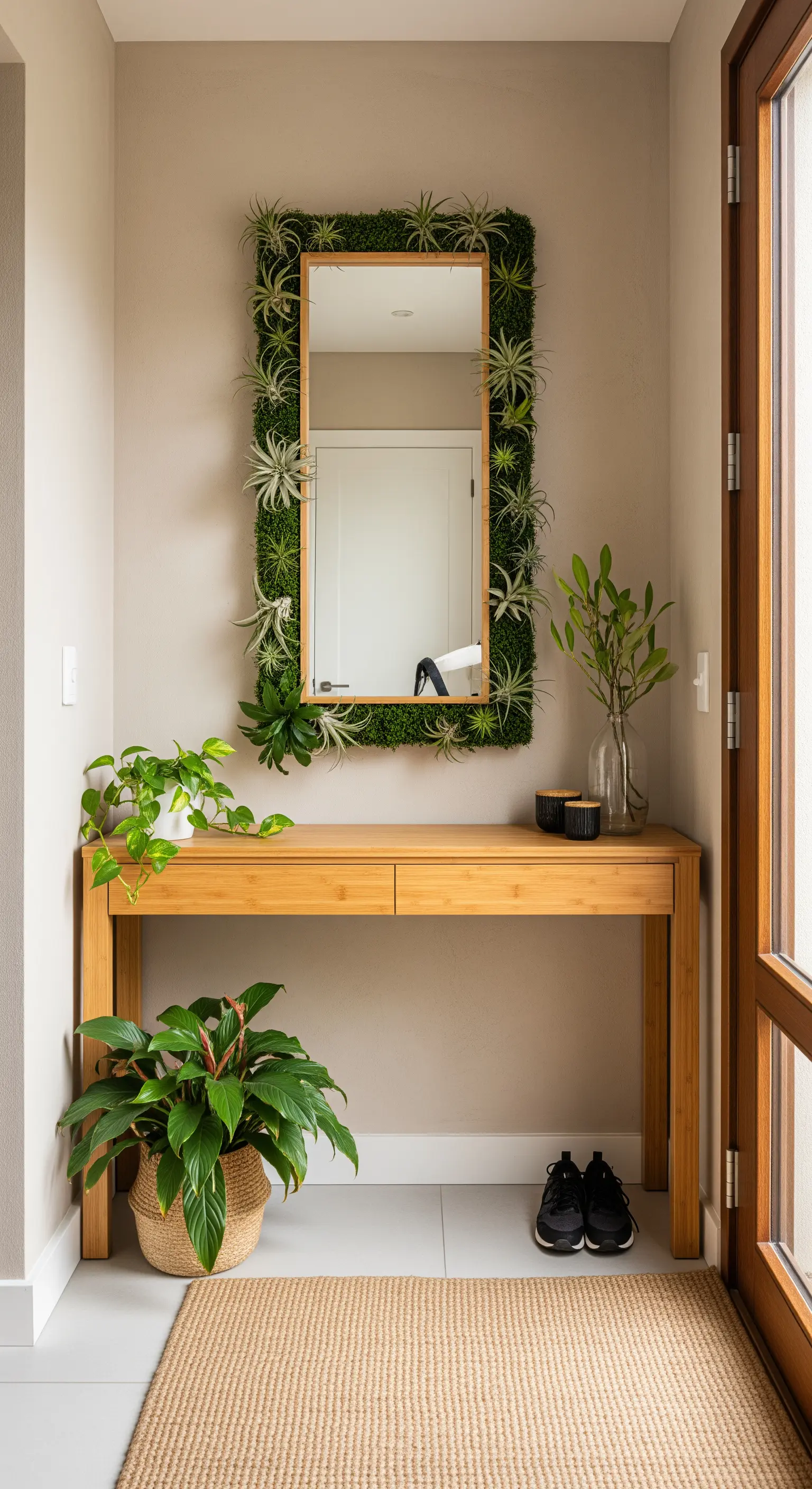 Specchio incorniciato da piante vere sopra una consolle in legno di bambù in un ingresso luminoso.