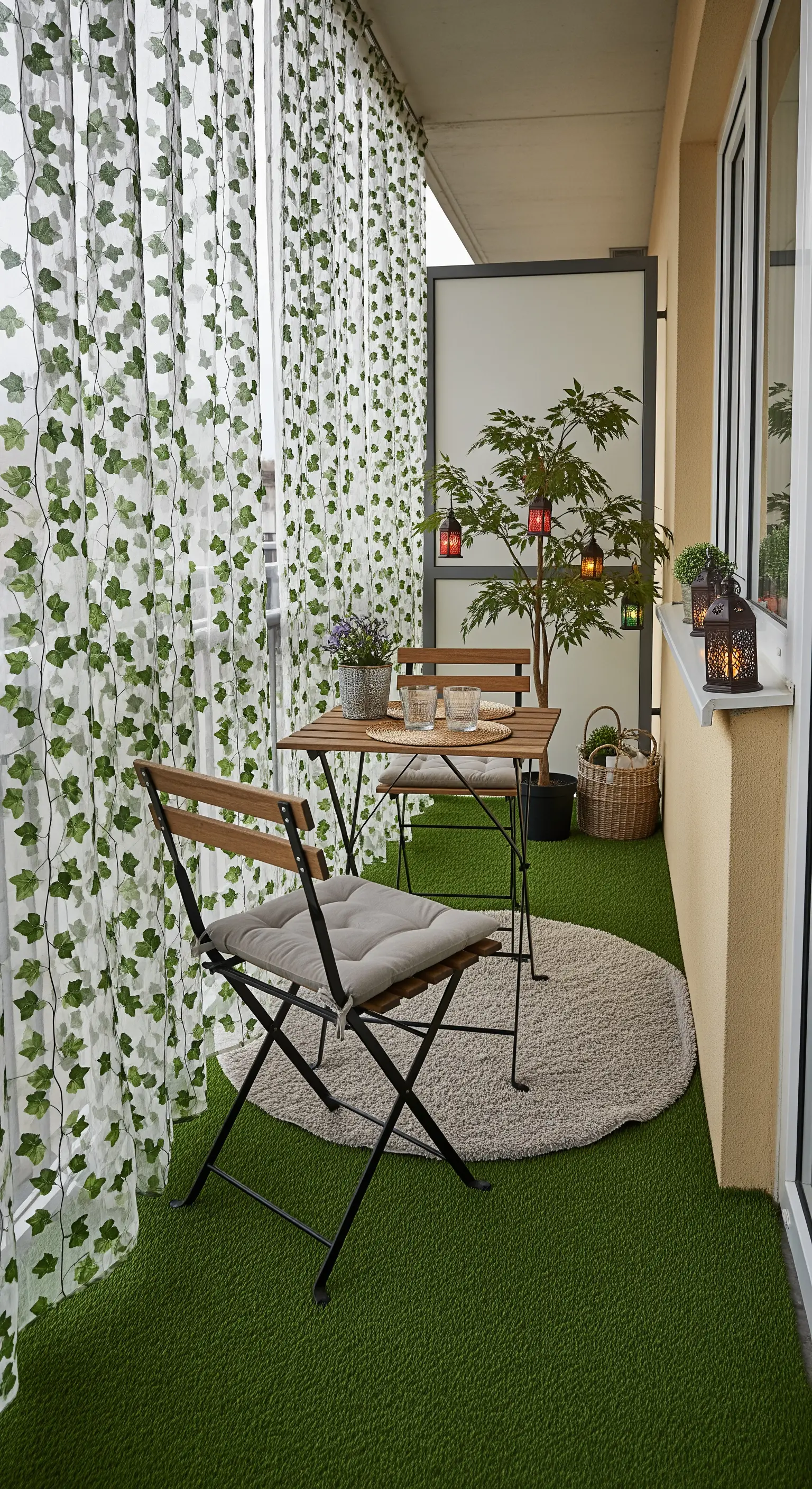 Piccolo balcone con pavimento in erba sintetica, tenda a motivo edera e set bistrot pieghevole