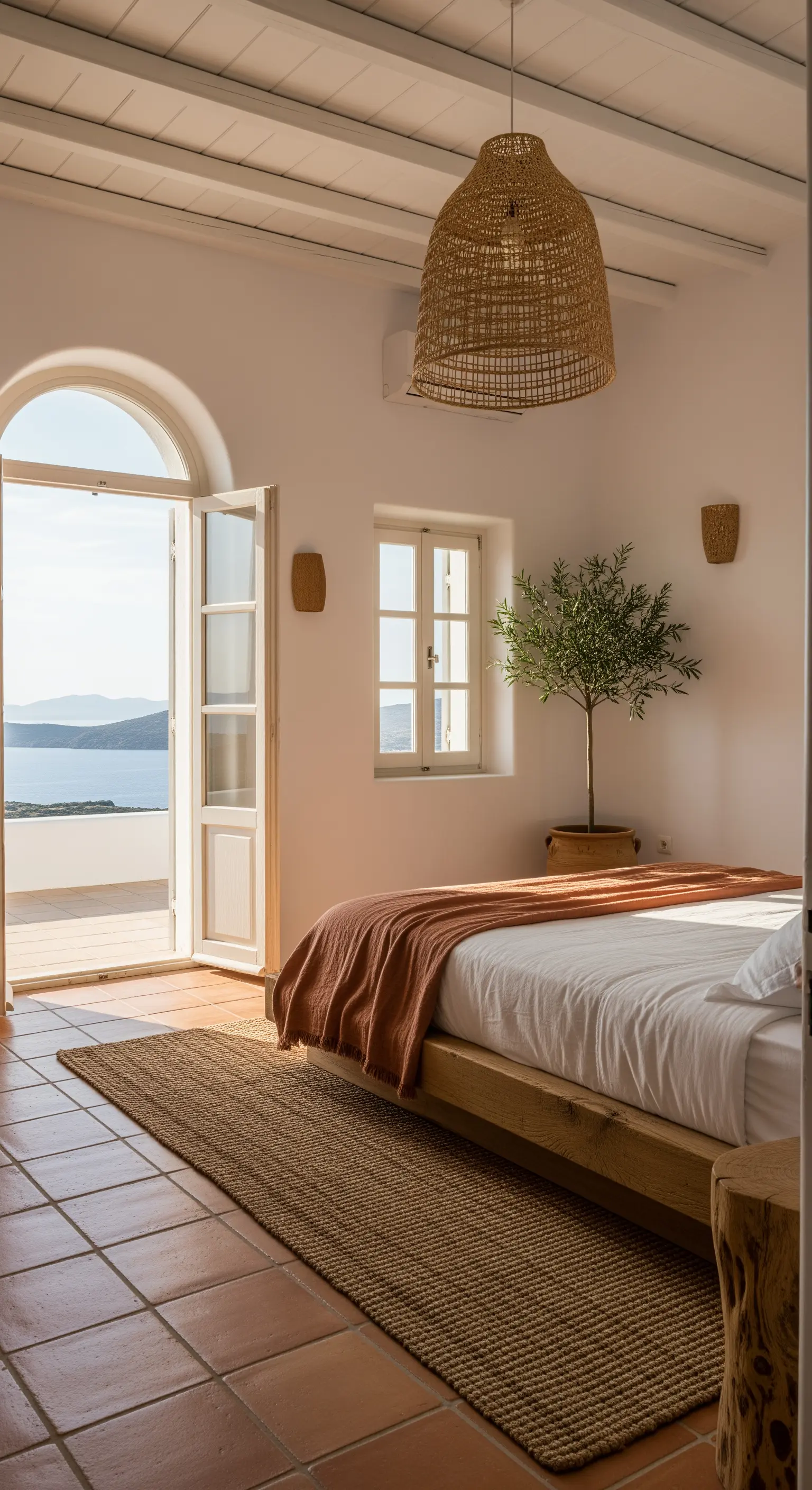 Camera da letto luminosa con pavimento in cotto, letto in legno e lampadario in rattan.