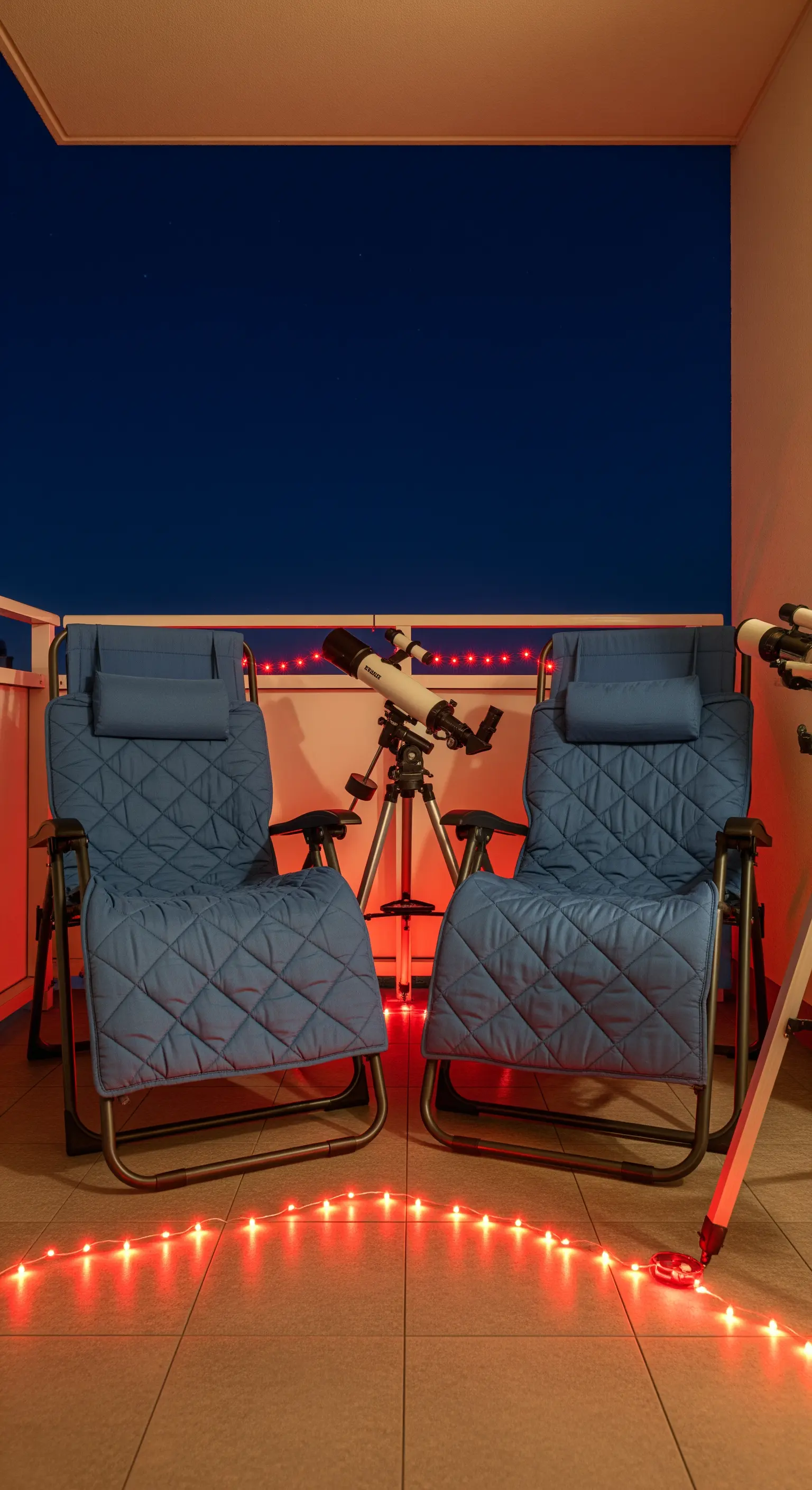 Balcone di notte con due sedie a sdraio, un telescopio e luci rosse a terra.