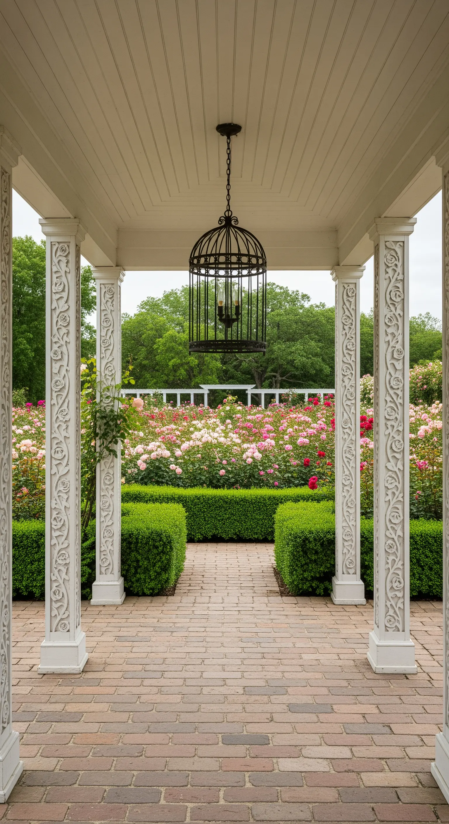 Padiglione bianco con colonne intagliate, circondato da un giardino di rose e con un lampadario a gabbia.
