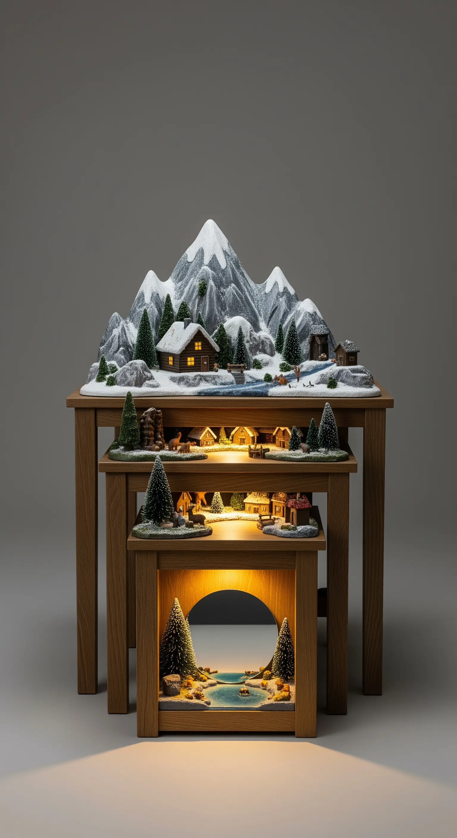 Paesaggio montano in miniatura disposto su tre tavolini a incastro di diverse altezze.