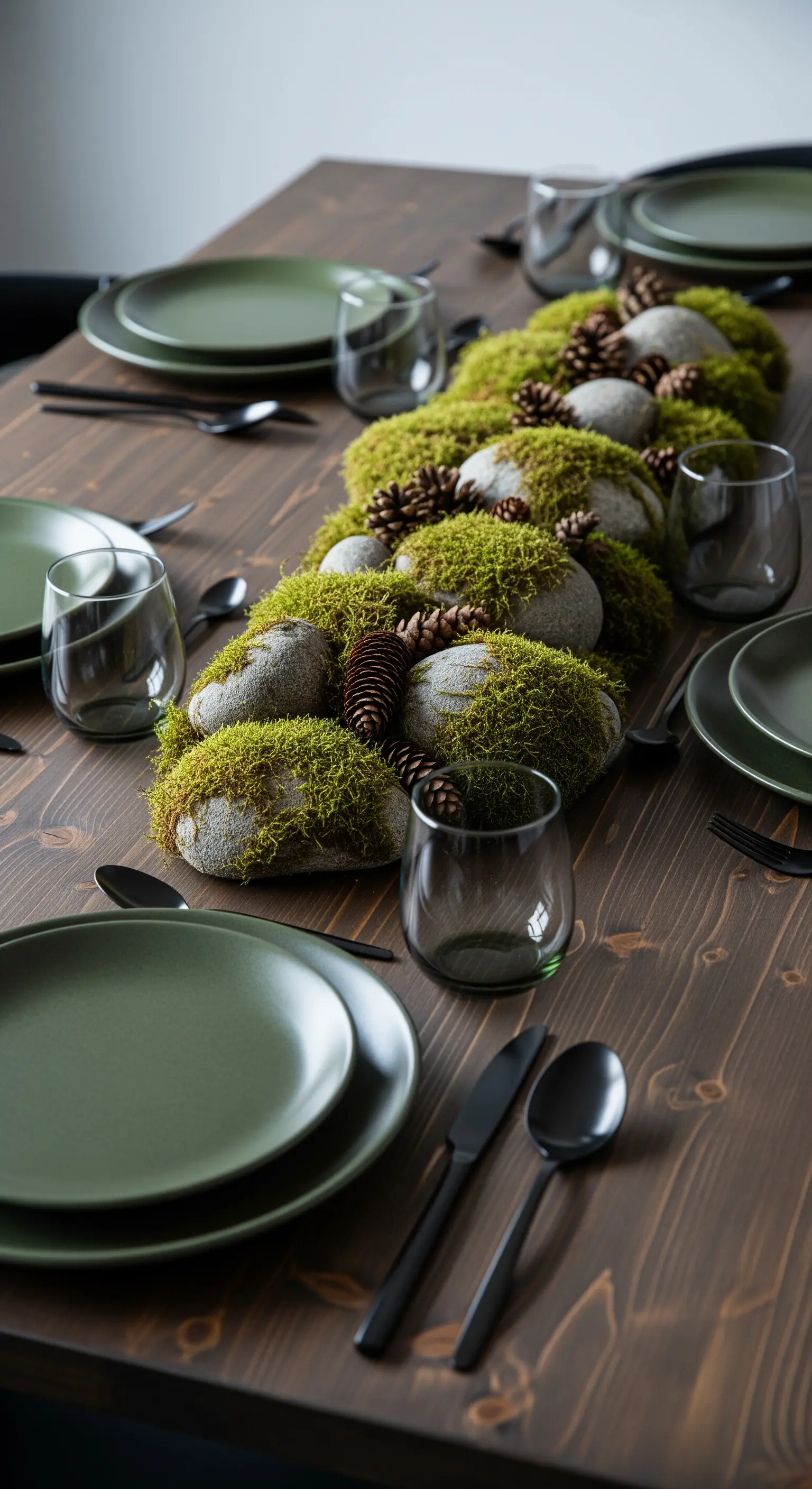 Centrotavola scenografico con muschio, pietre e pigne su tavolo in legno.