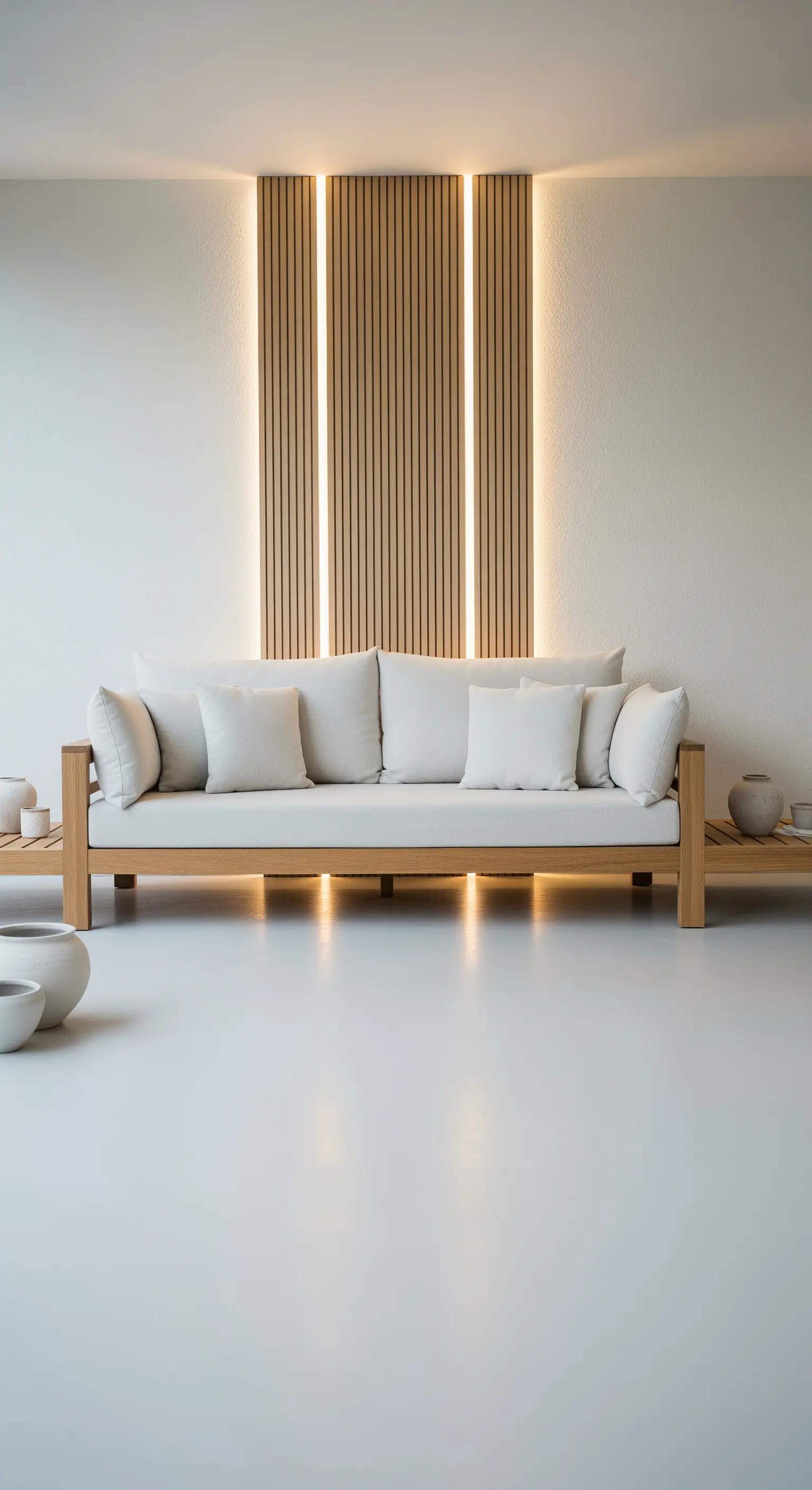 Divano in legno chiaro davanti a un pannello decorativo retroilluminato in listelli di legno.