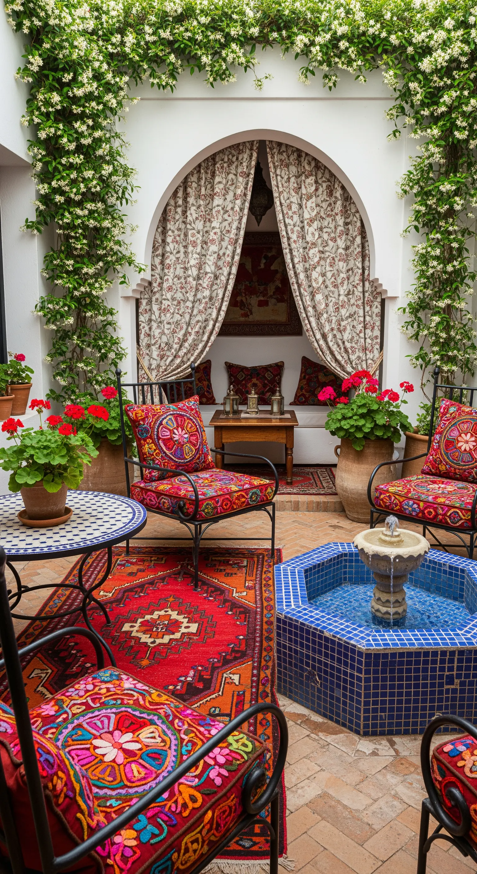 Cortile in stile marocchino con fontana, sedie ricamate e gelsomino rampicante.