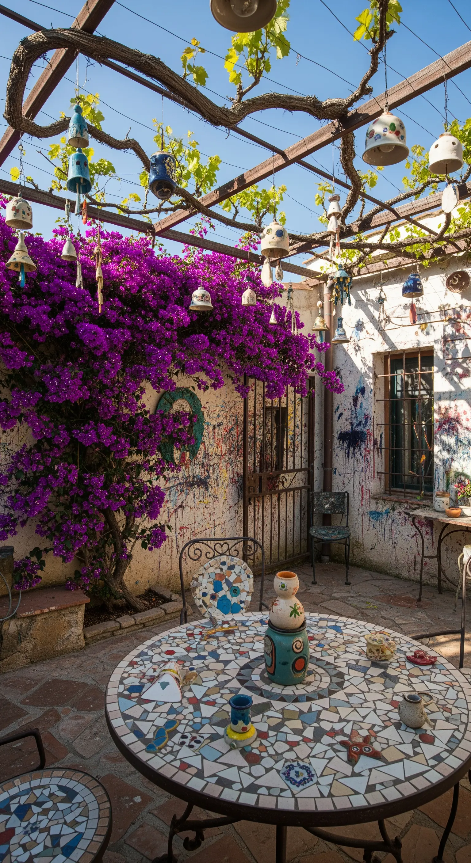 Patio artistico con tavolo in mosaico, ceramiche appese e una parete di bouganville viola.