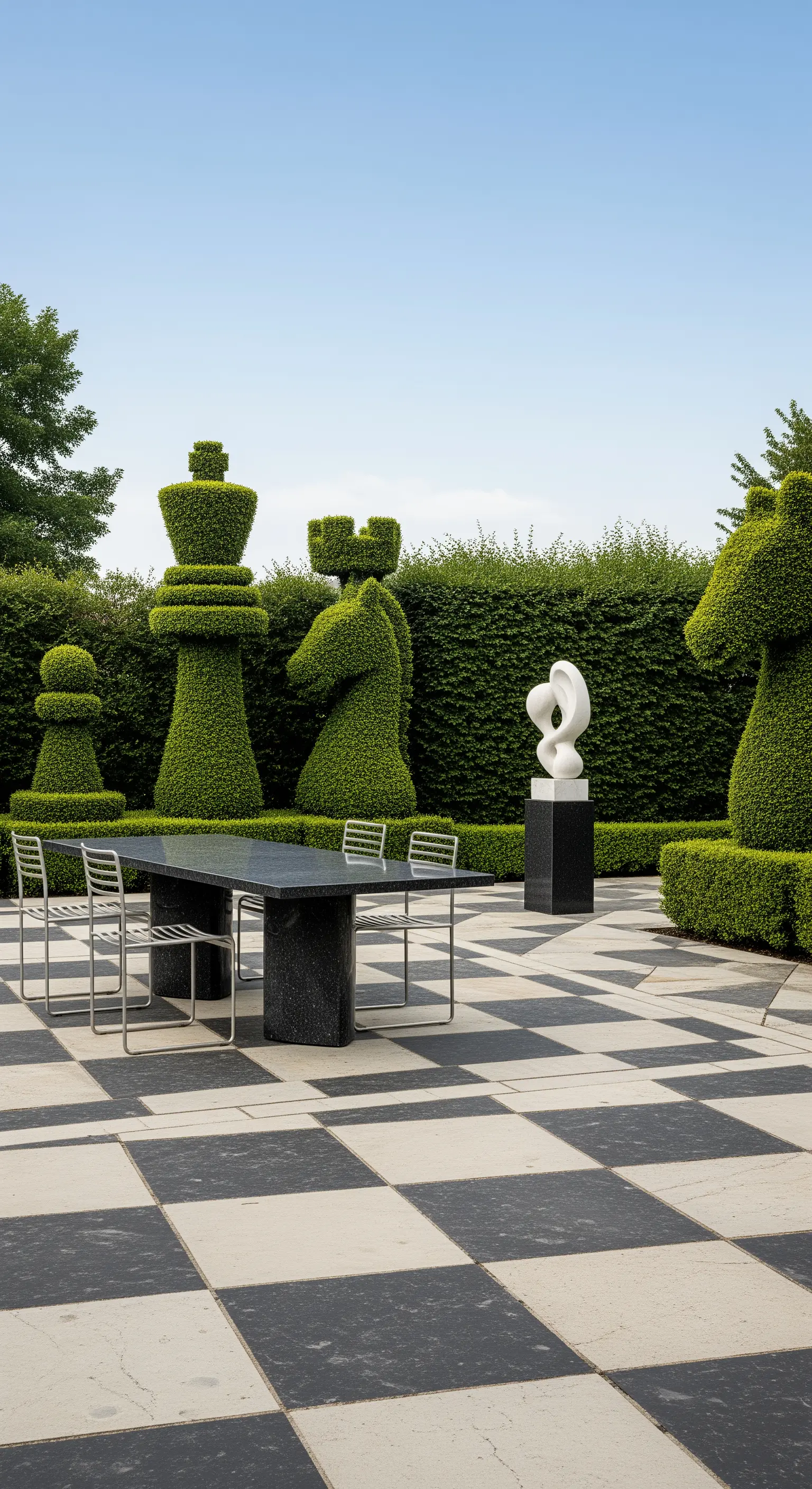 Patio con pavimento a scacchiera e siepi potate a forma di pezzi degli scacchi.
