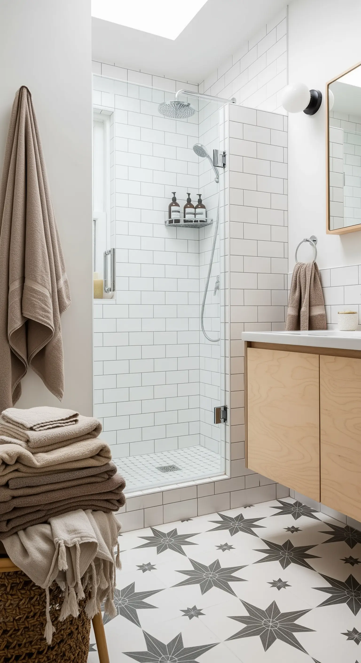 Bagno minimalista con piastrelle a pavimento con motivo a stelle grigie.