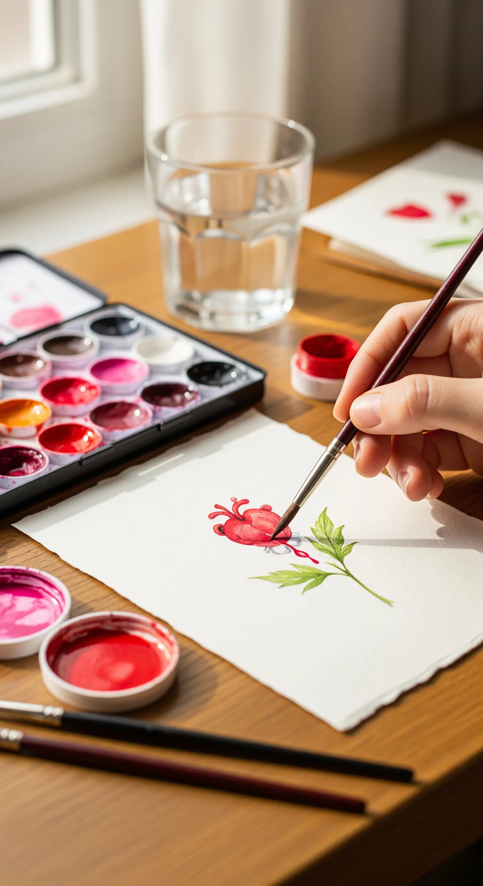 Mano che dipinge un cuore anatomico con foglie verdi usando gli acquerelli.