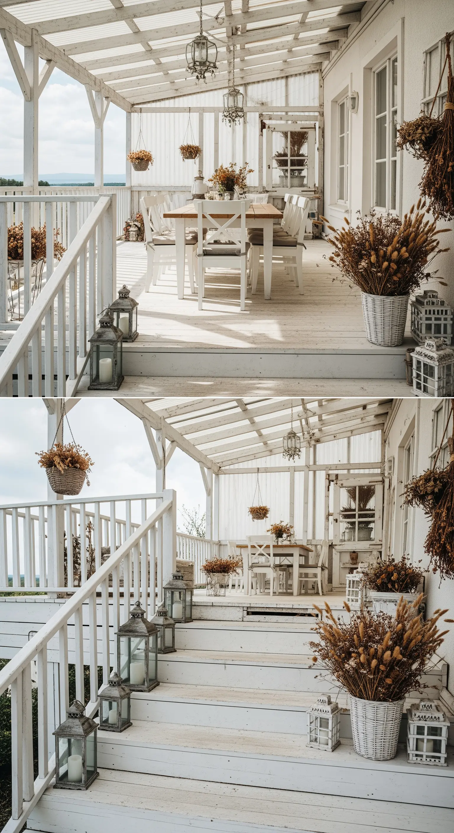 Veranda bianca su più livelli con scale decorate da lanterne e cesti di fiori secchi.