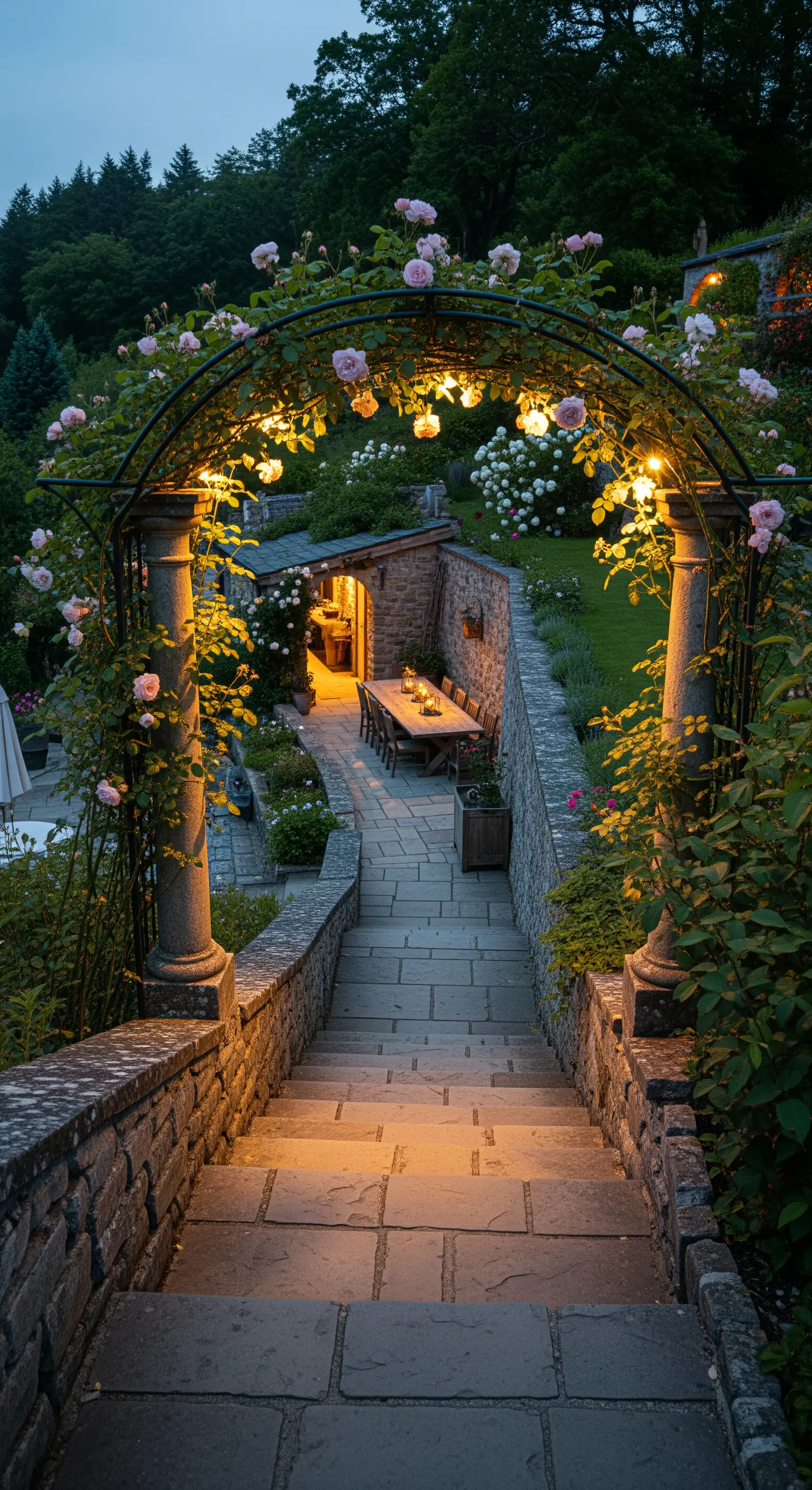 Scalinata in pietra che scende verso un patio, incorniciata da un arco di rose illuminato.