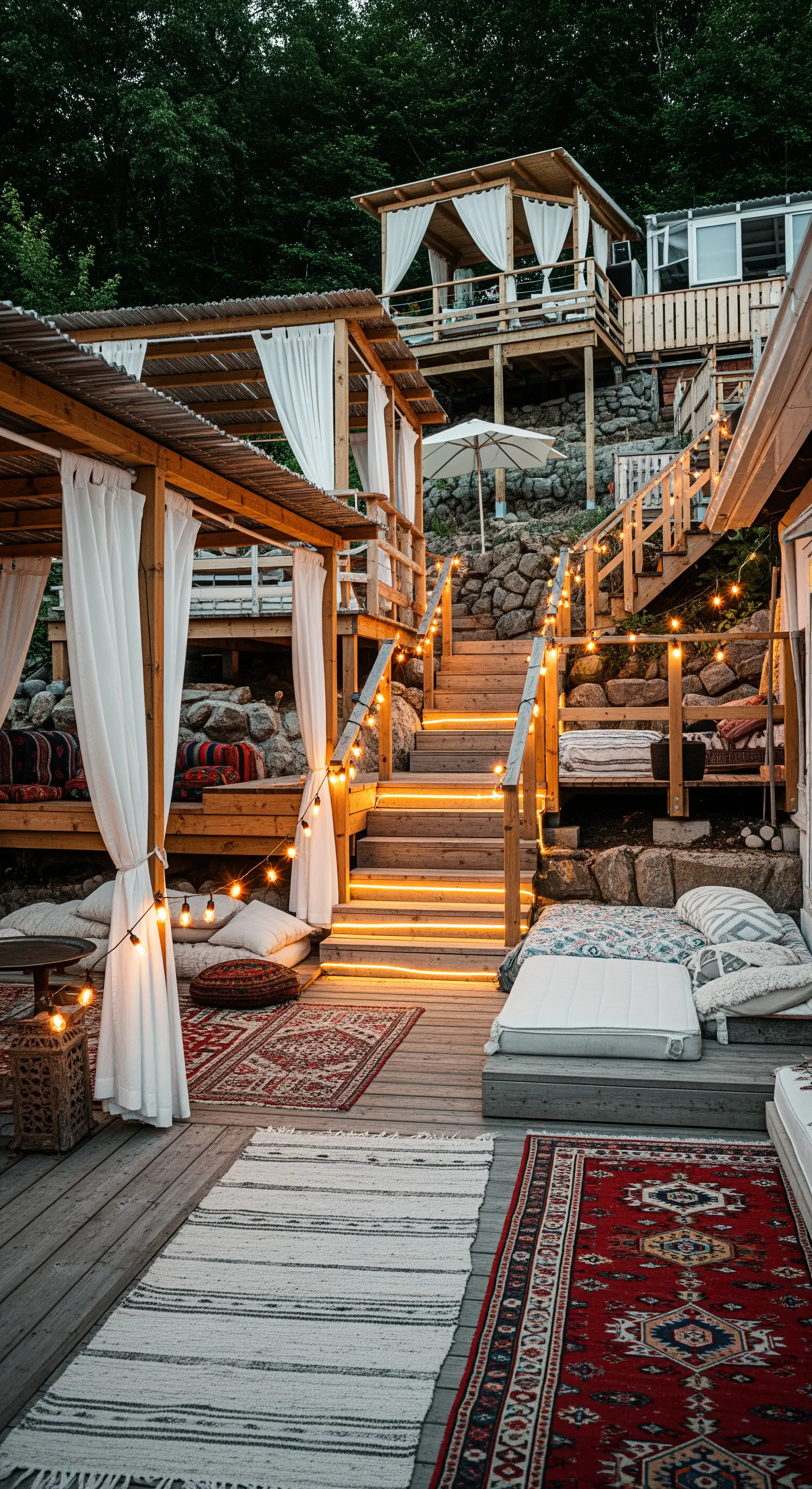 Spazio esterno multi-livello in legno con tappeti, tende e luci a filo lungo le scale.