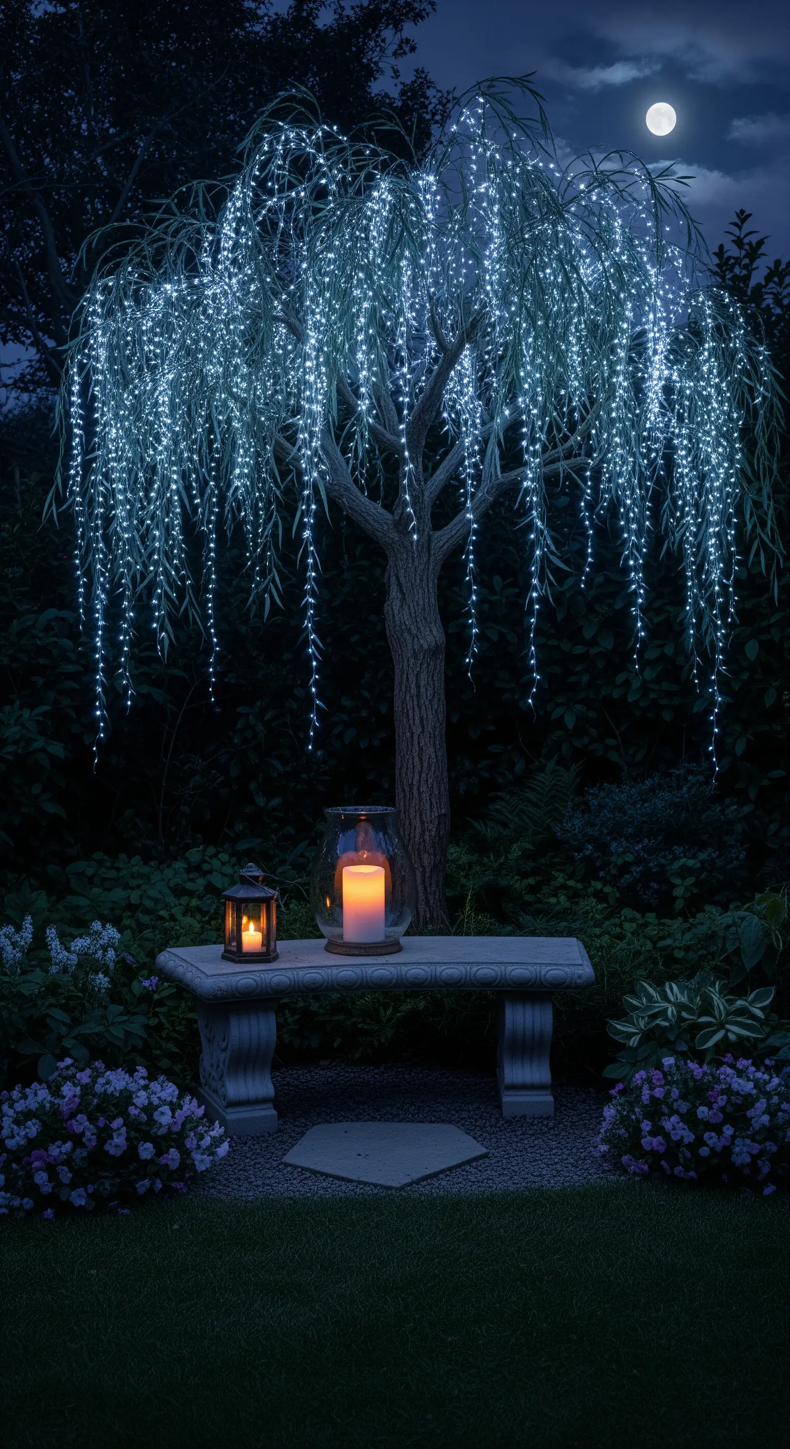 Sentiero di ghiaia fiancheggiato da candele in vasi di vetro su piedistalli di legno.