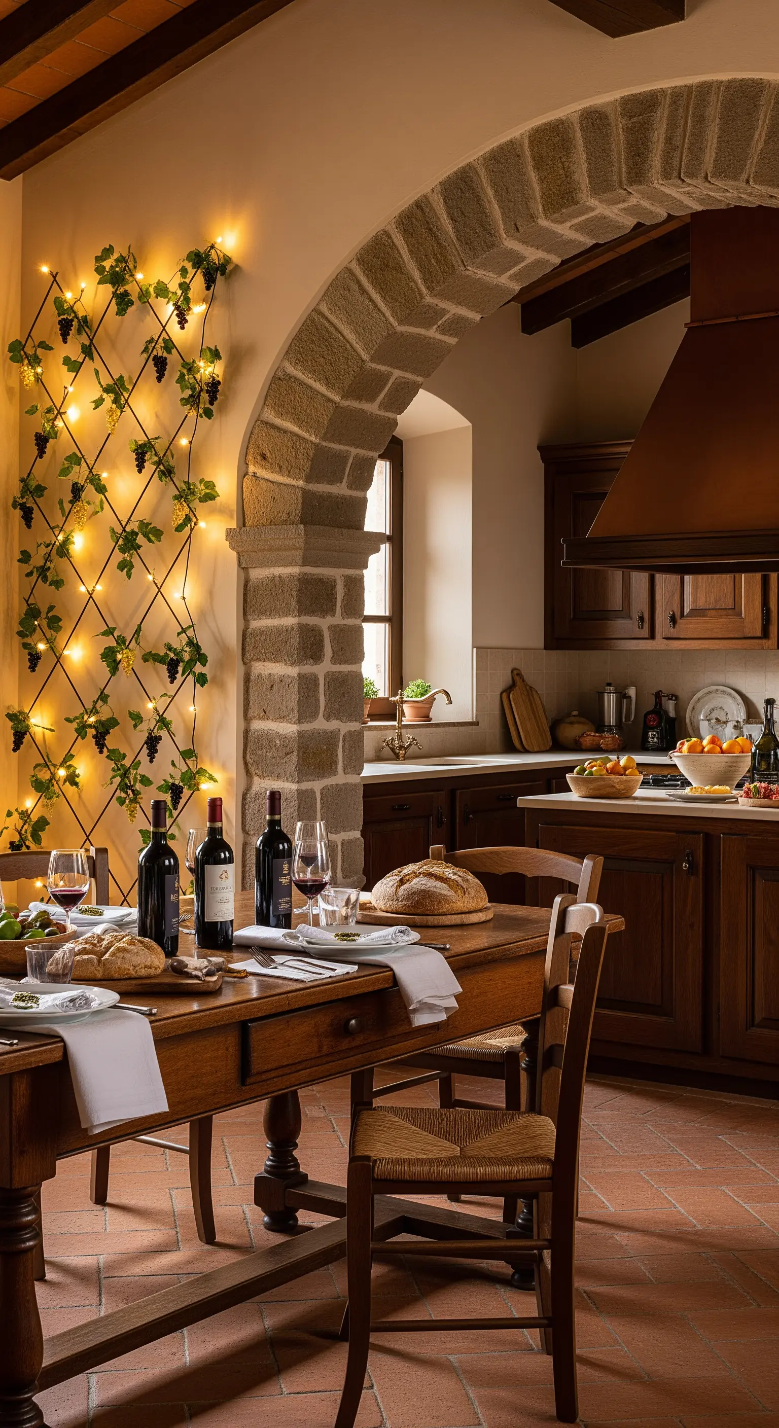 Cucina in stile toscano con una griglia a parete decorata con viti e luci a stringa.
