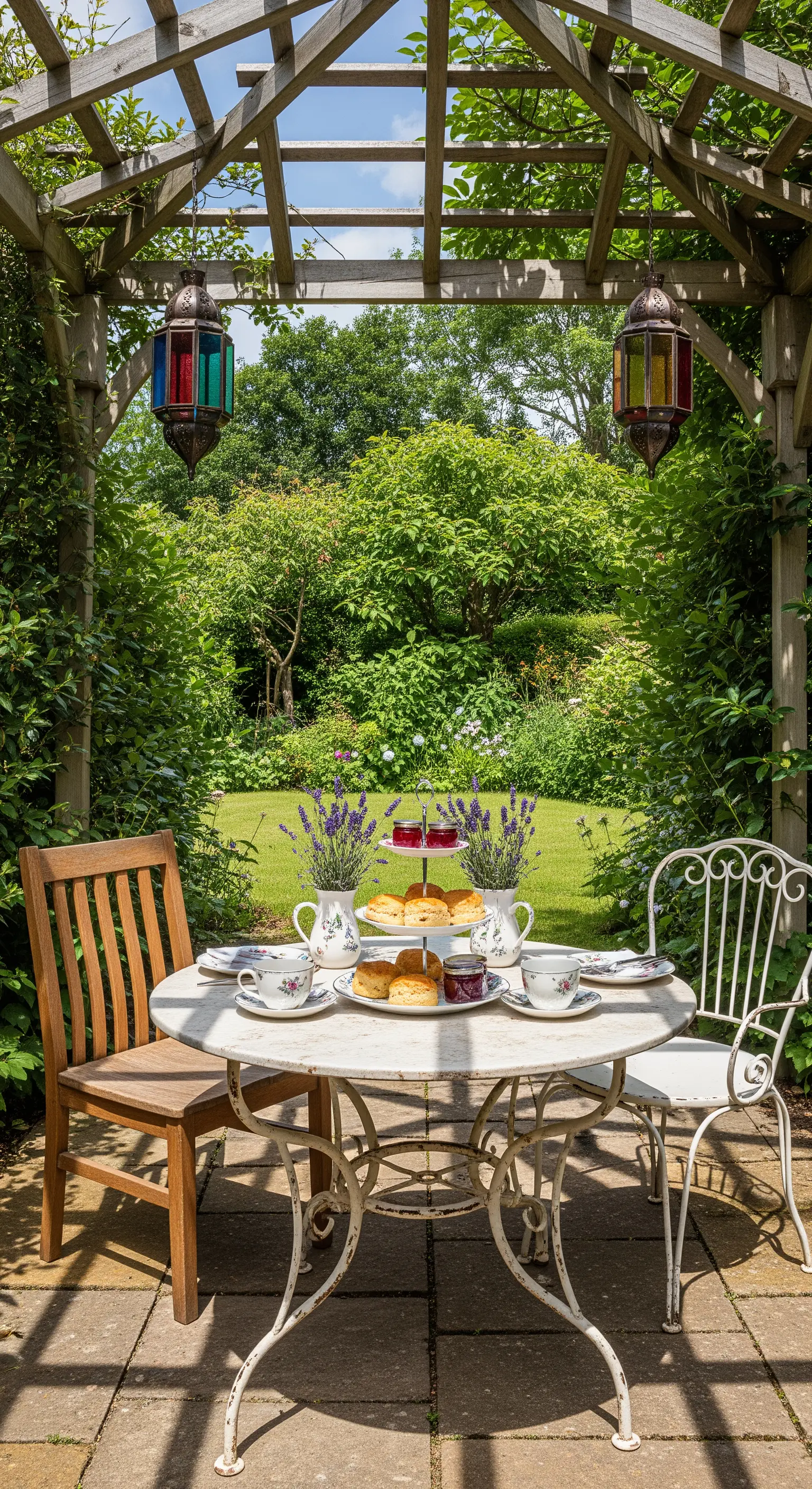 Tavolo da pranzo sotto un pergolato in legno, con lanterne colorate appese e vista sul giardino.
