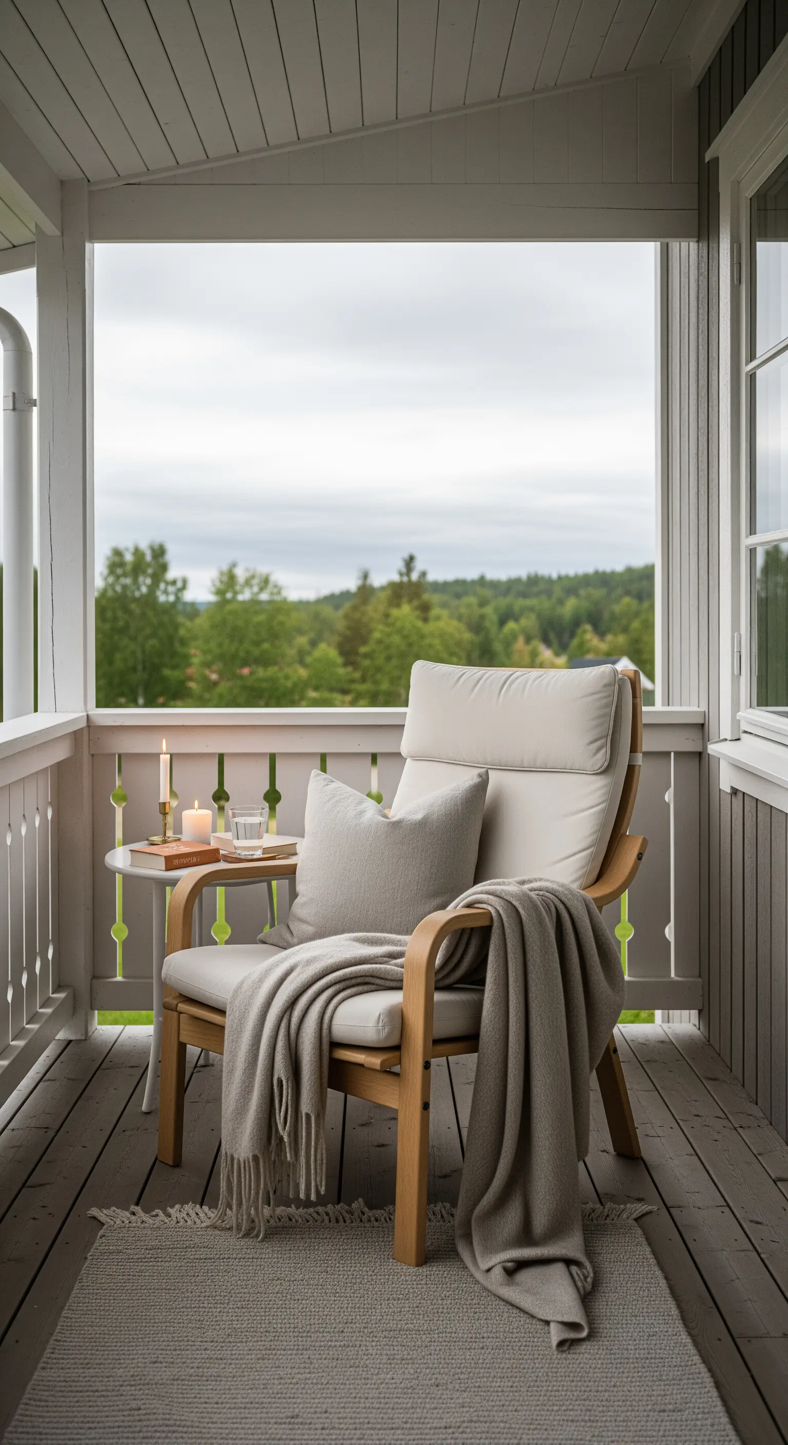 Angolo di una veranda con poltrona reclinabile in legno, plaid beige e un piccolo tavolo con candele
