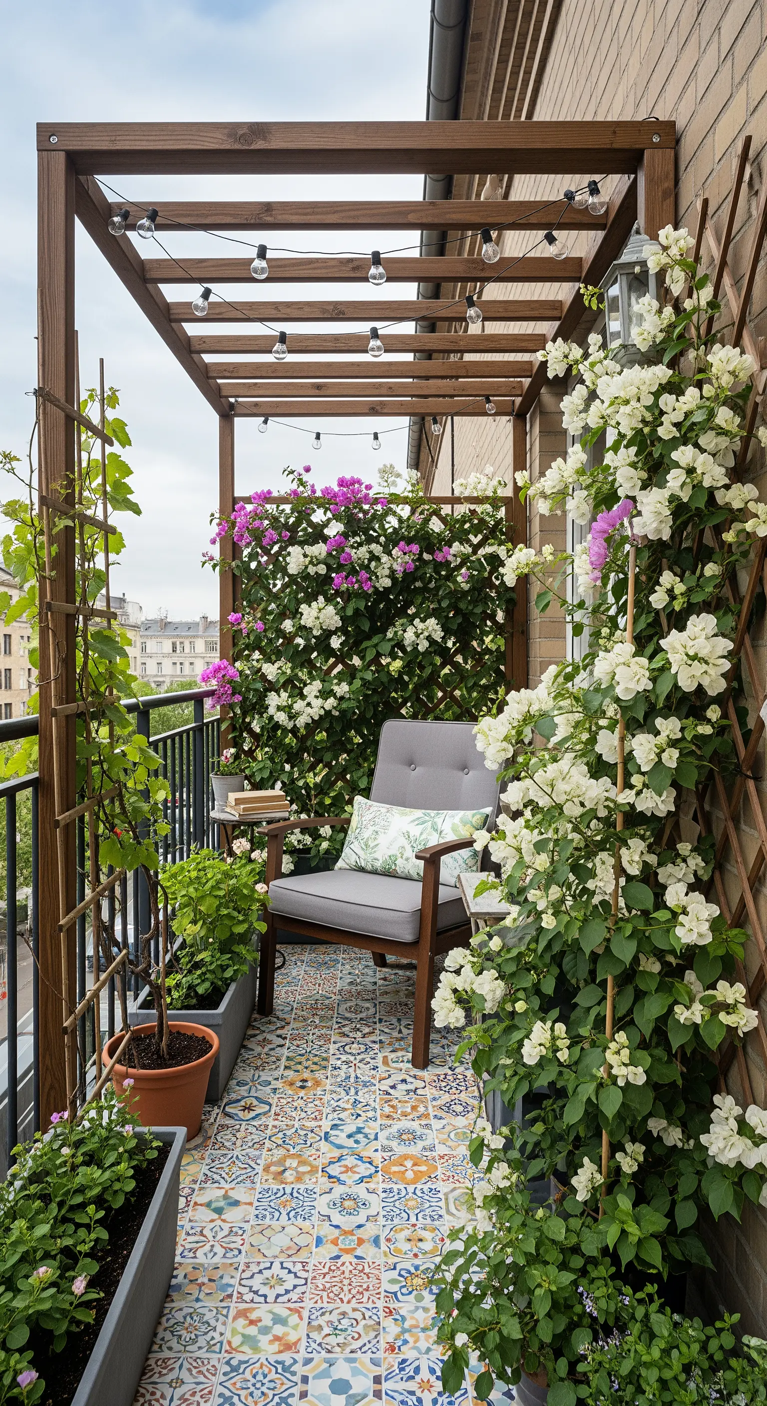 Balcone urbano con pergola in legno, poltroncina grigia e bouganville rampicante su grigliato.
