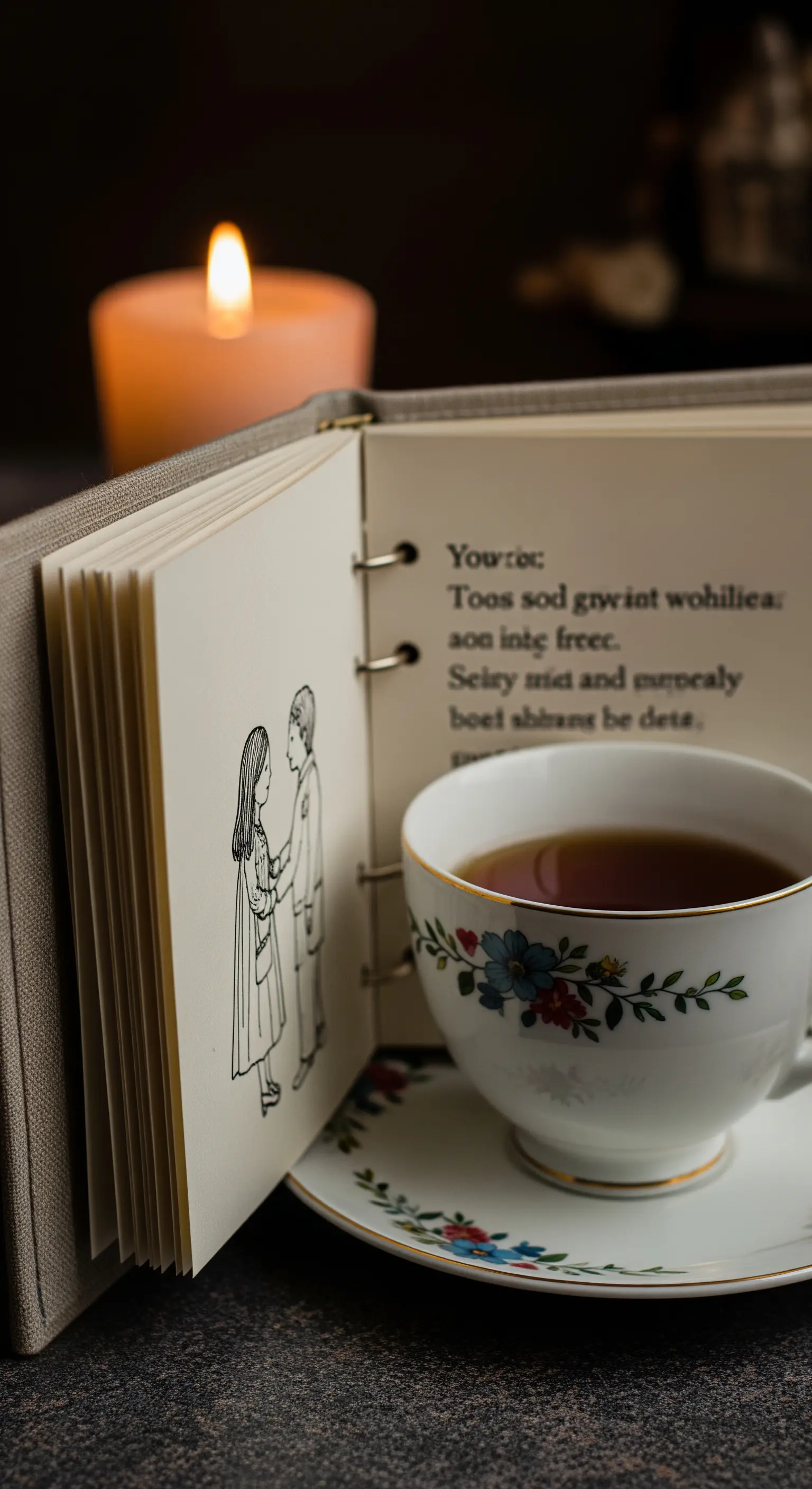 Un piccolo libro aperto con un'illustrazione e del testo, accanto a una tazza di tè.