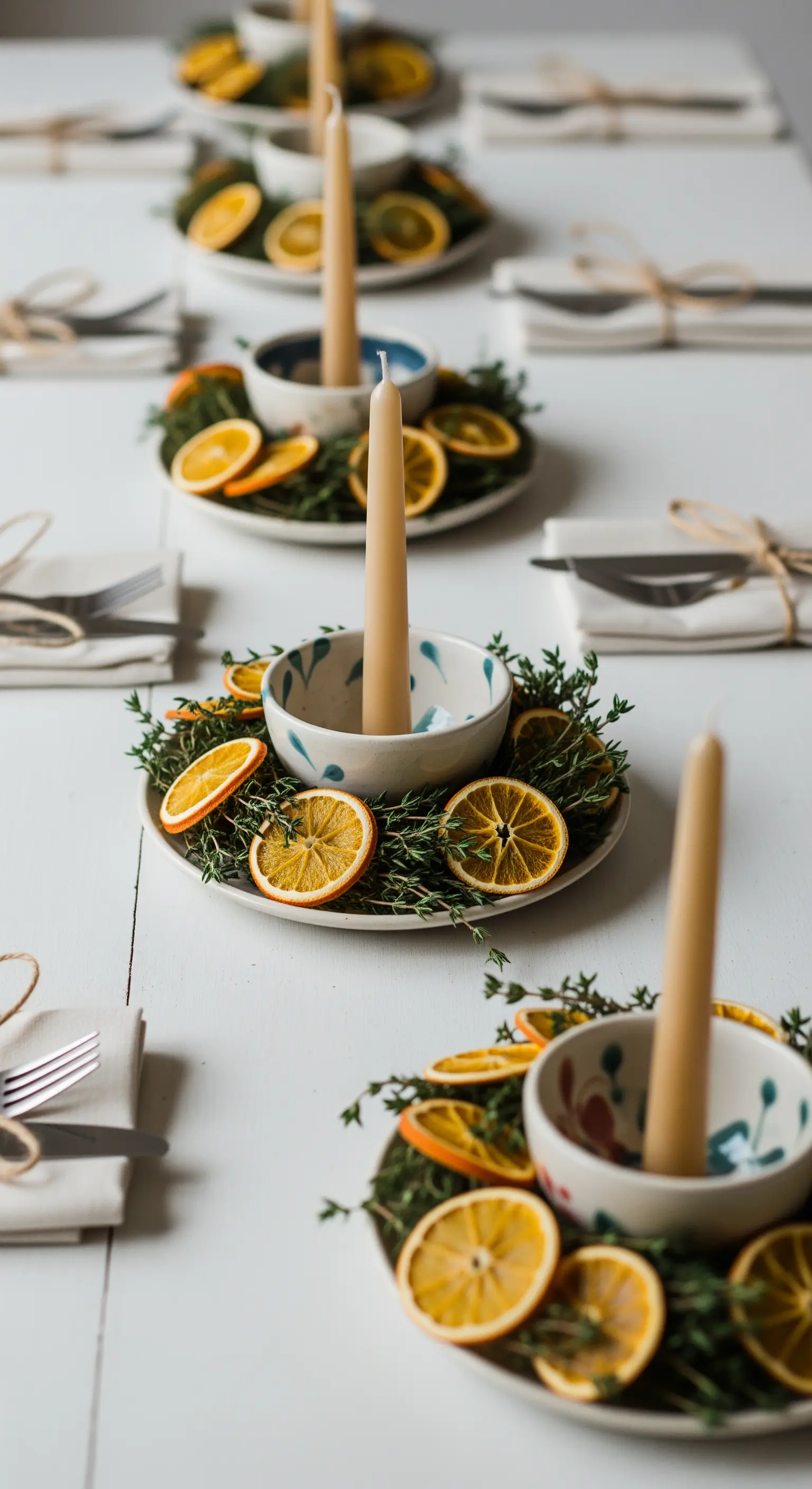 Posti tavola individuali con piccole ciotole in ceramica contenenti candele e agrumi