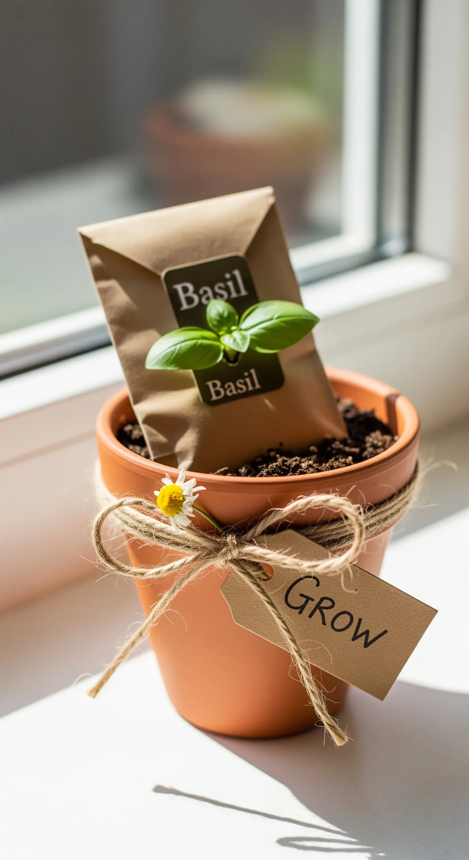 Vaso di terracotta con una bustina di semi di basilico, decorato con spago e un'etichetta.