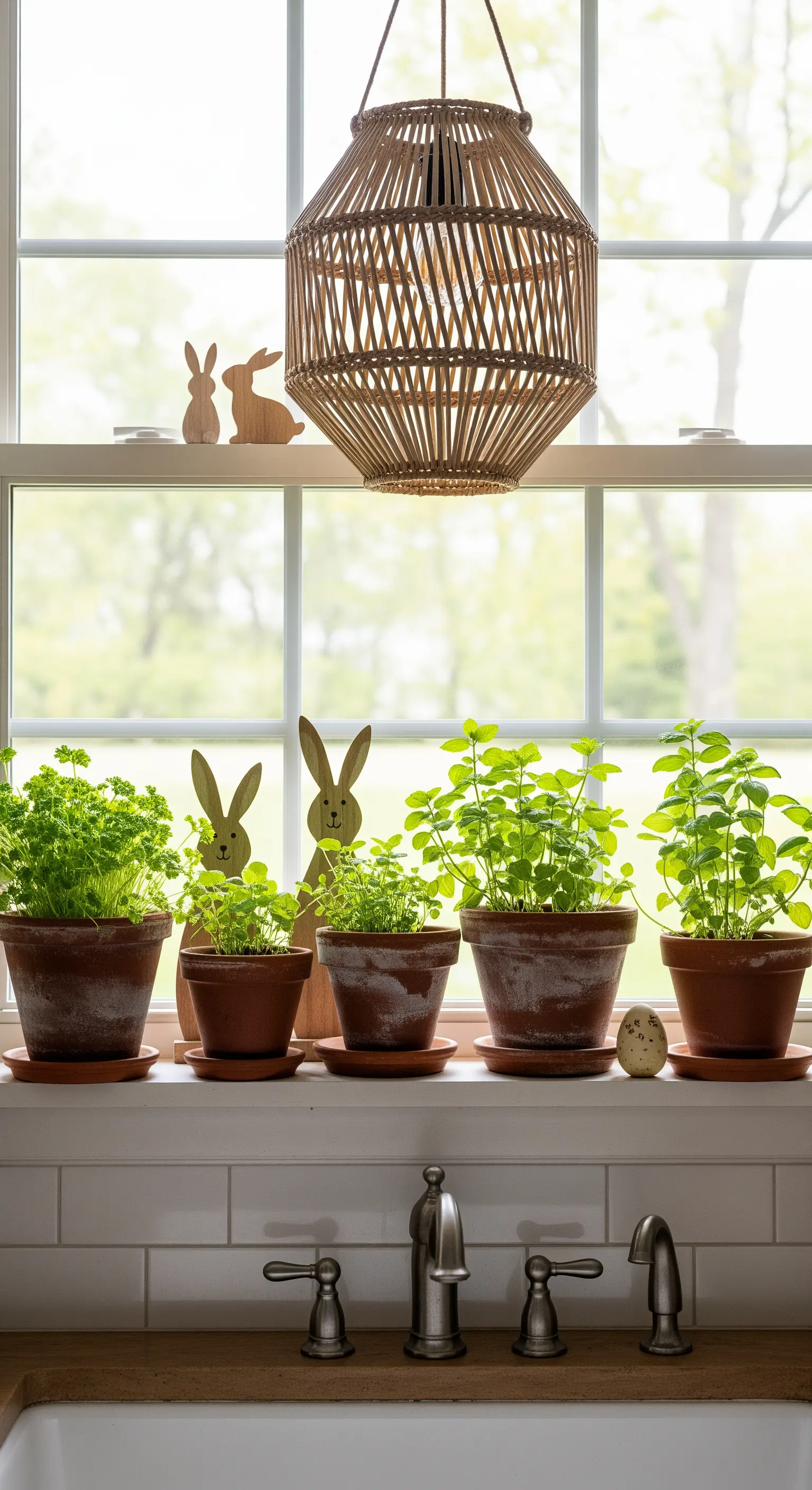 Davanzale della cucina con vasi di erbe aromatiche, coniglietti in legno e lanterna in rattan.