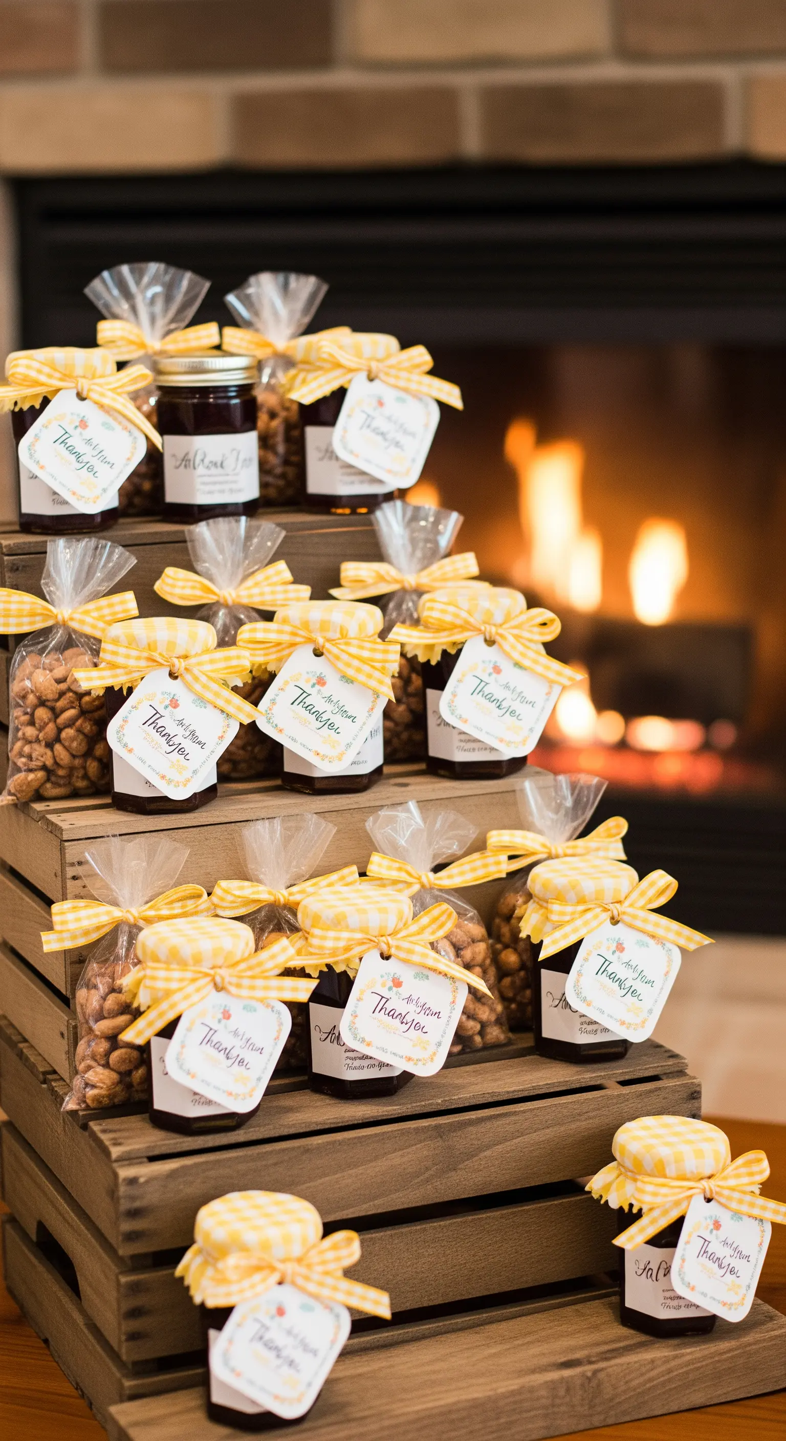 Bomboniere di compleanno con marmellata e frutta secca, confezionate con nastri a quadretti.