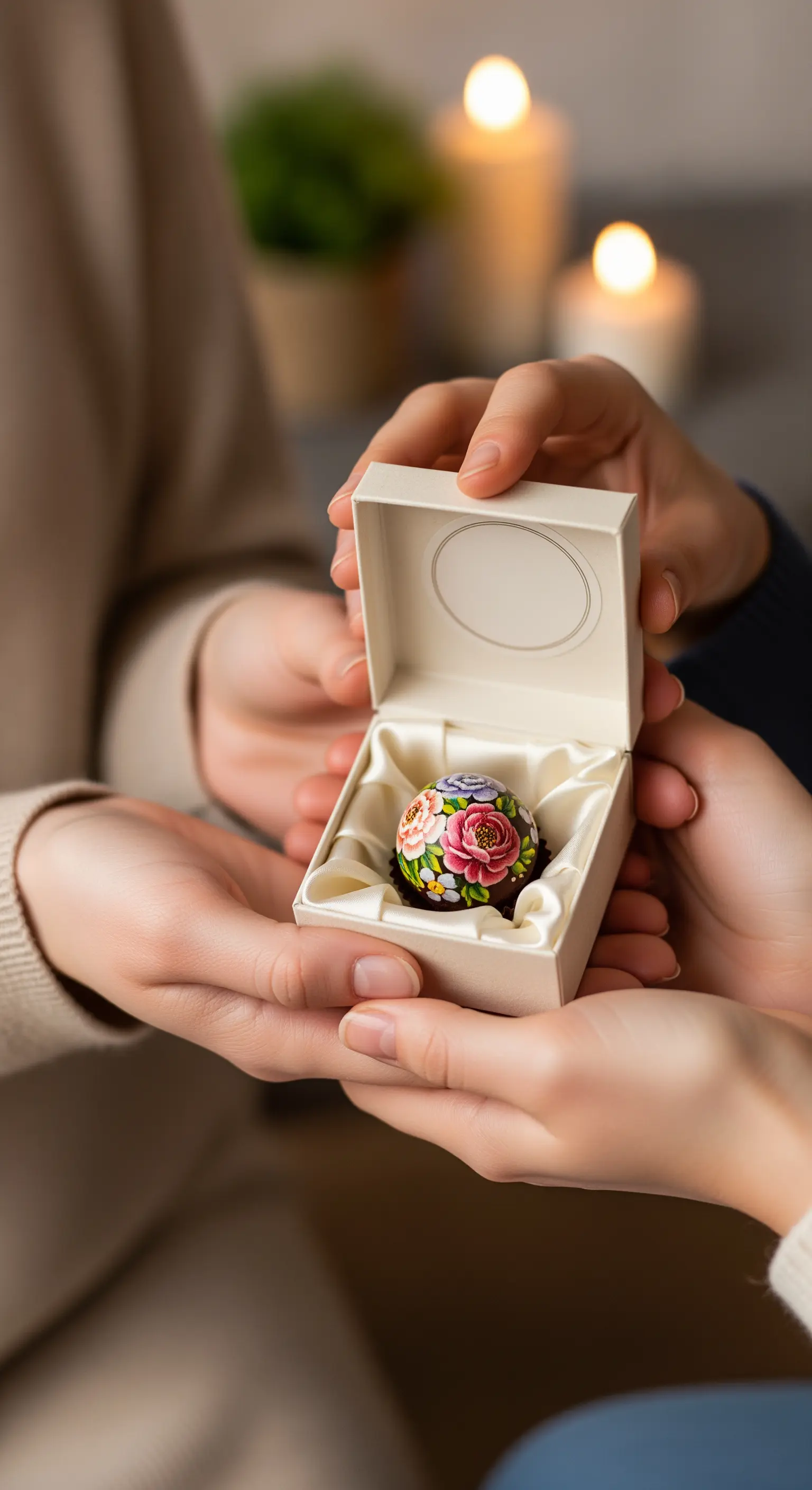 Mani che si scambiano una scatolina bianca con all'interno una sfera decorata con fiori.