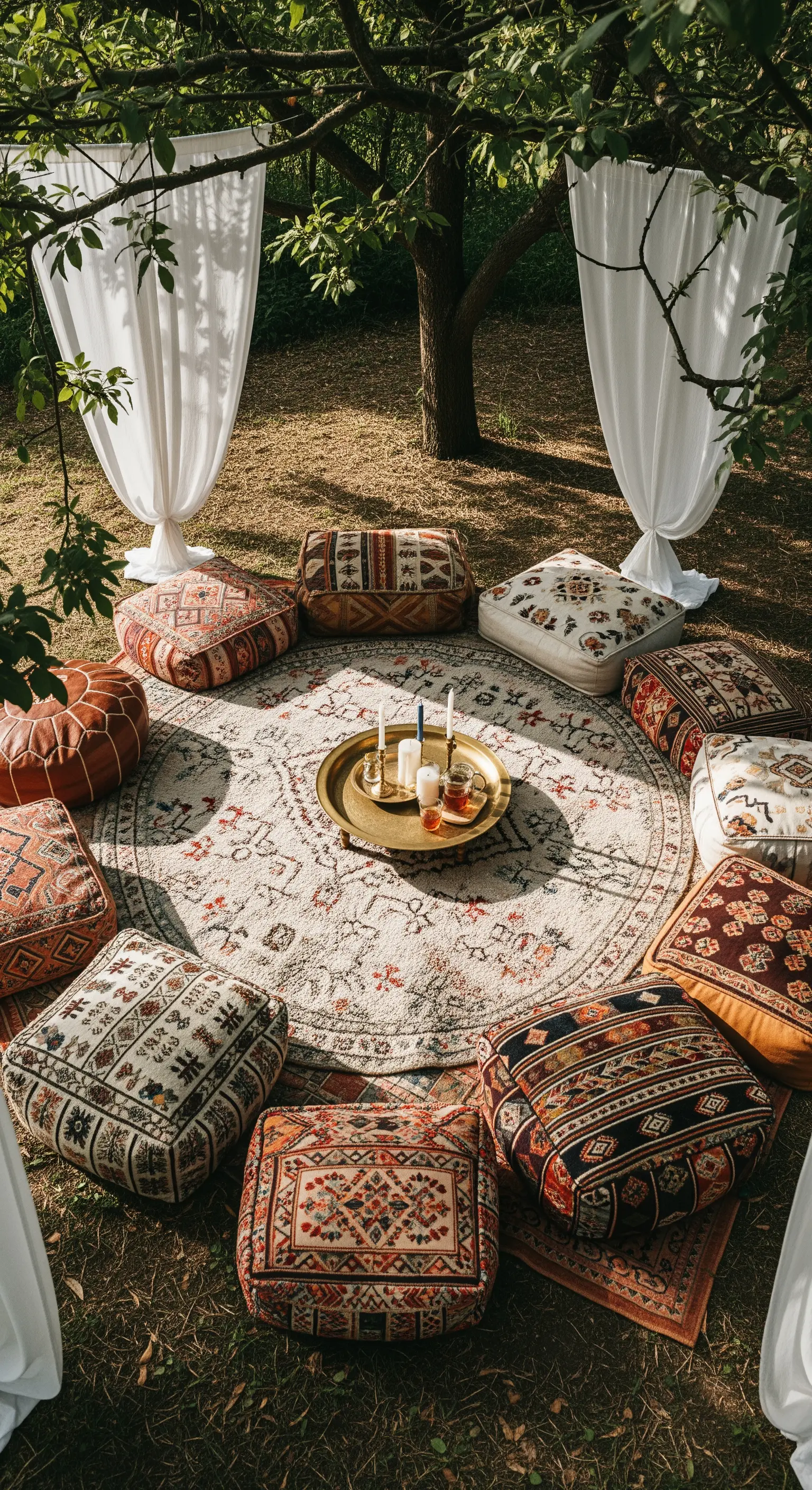 Allestimento picnic bohémien con cuscini a terra, tappeto rotondo e vassoio d'ottone.