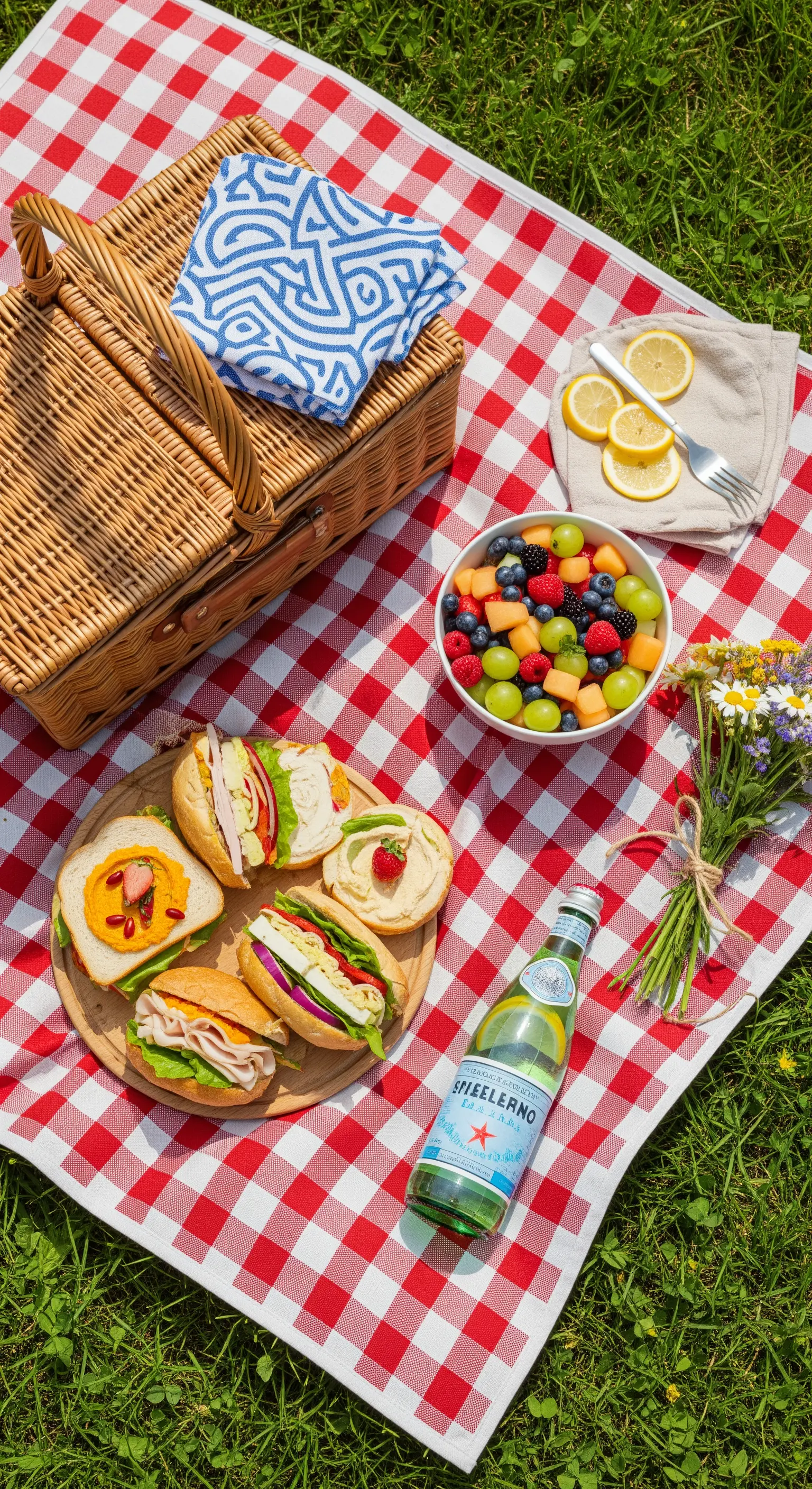 Picnic sull'erba con tovaglia a quadri, cesto di vimini, panini e una ciotola di frutta fresca.