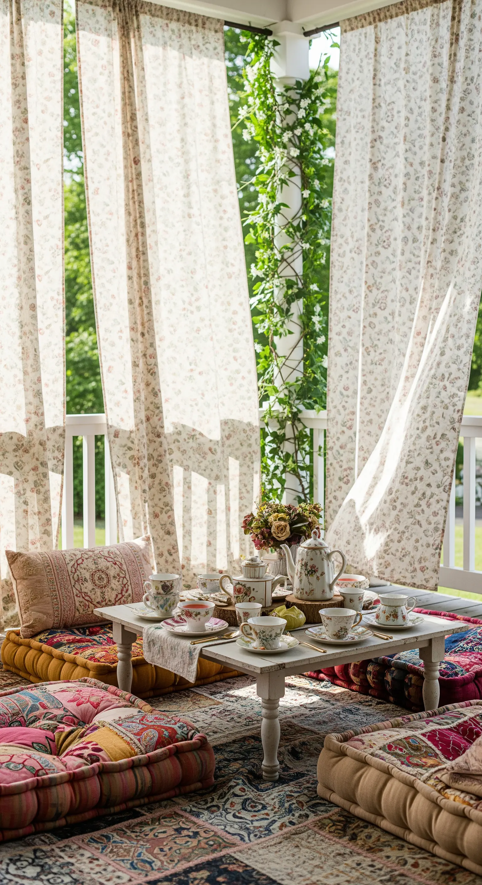 Allestimento per un tè su un portico, con cuscini patchwork a terra, tavolo basso e tende floreali.