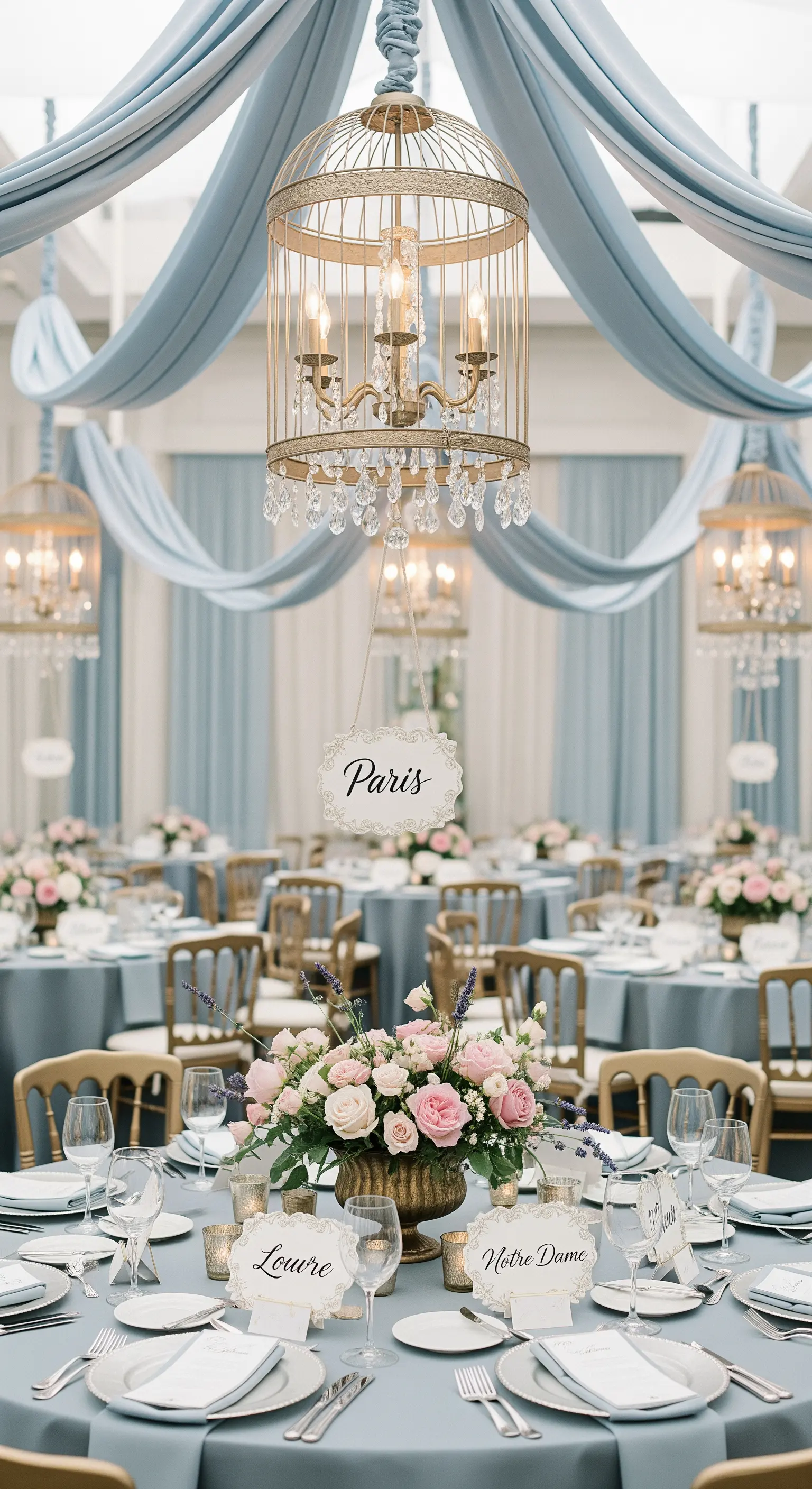 Tavolo da ricevimento a tema Parigi con chandelier a forma di gabbietta e tovagliato azzurro polvere.