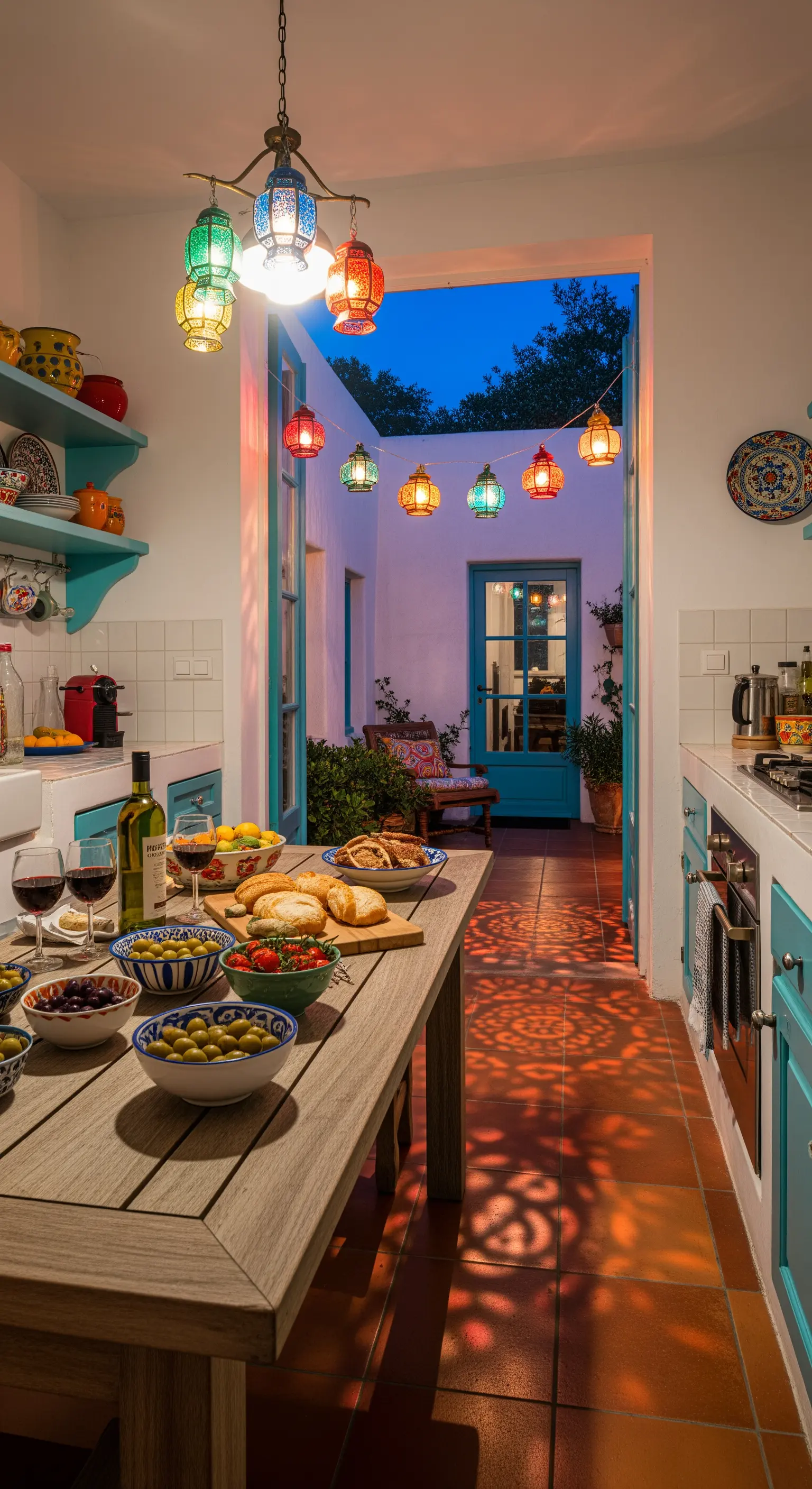 Cucina bianca e turchese con lanterne colorate che conducono a un patio esterno.