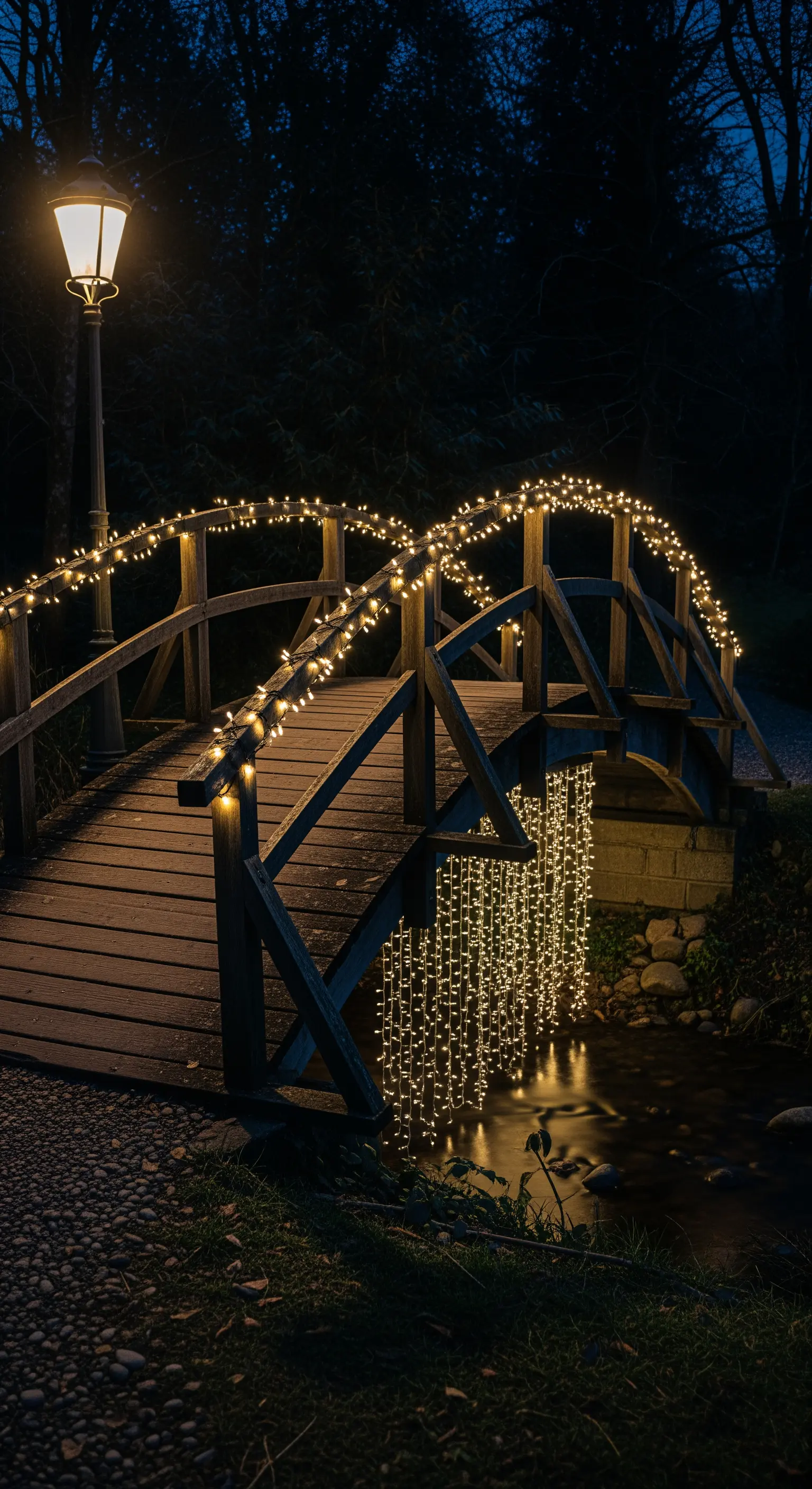 Ponticello in legno illuminato da un filo di luci sul corrimano e una cascata luminosa laterale.