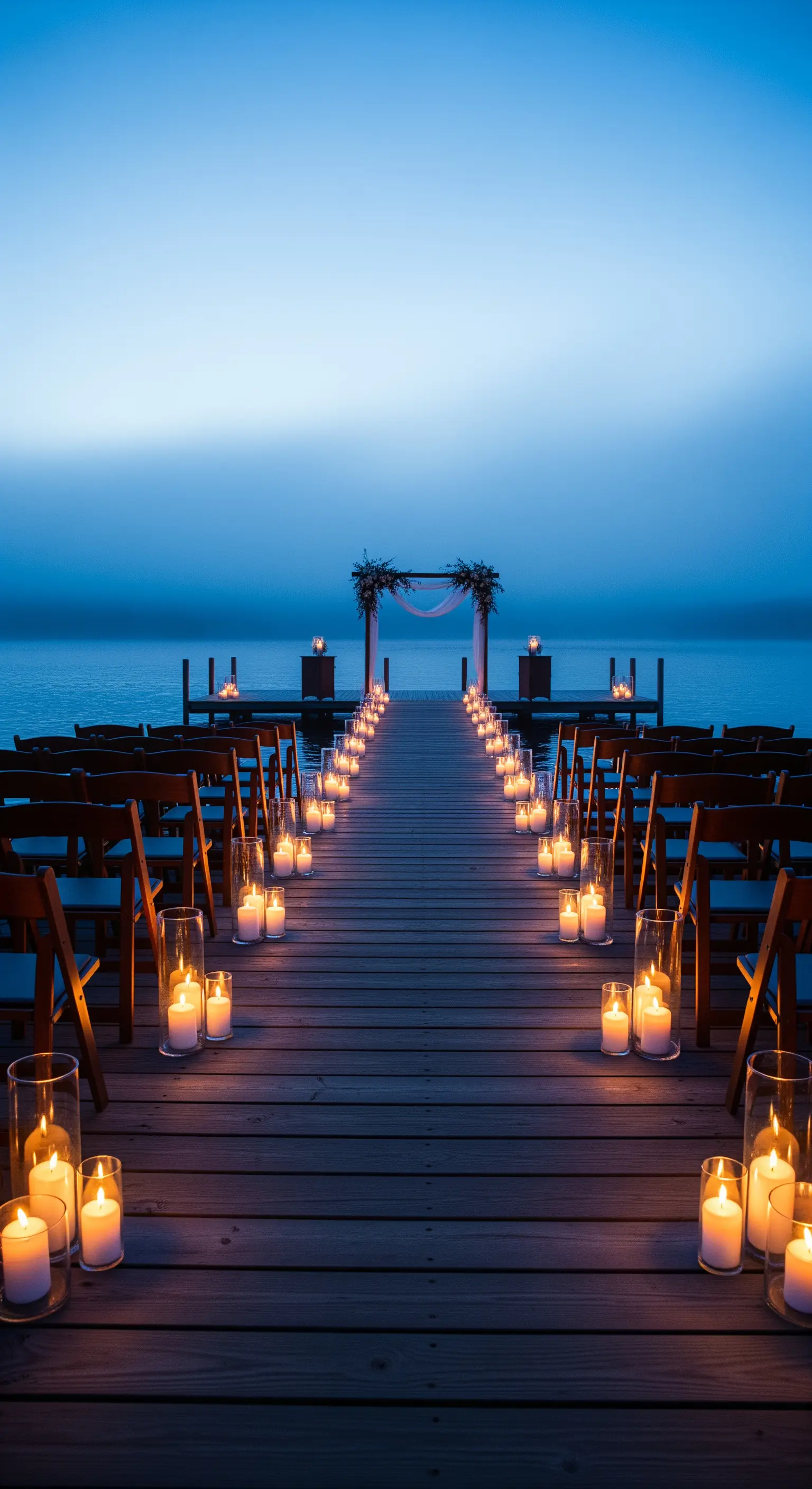 Pontile sul lago al crepuscolo, con la navata delimitata da decine di candele in vasi di vetro.