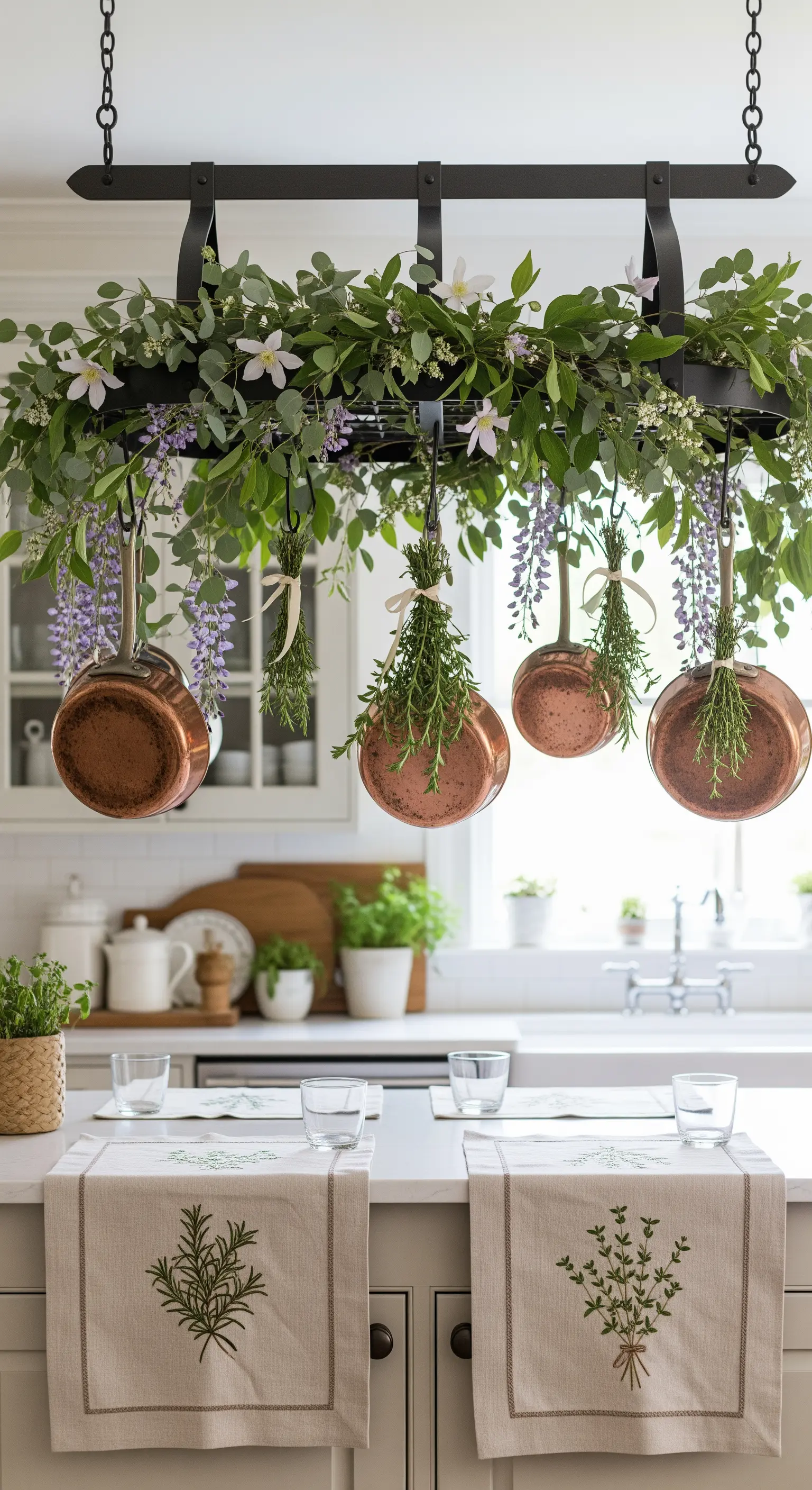 Porta-padelle in metallo nero decorato con eucalipto, glicine e mazzetti di erbe aromatiche.