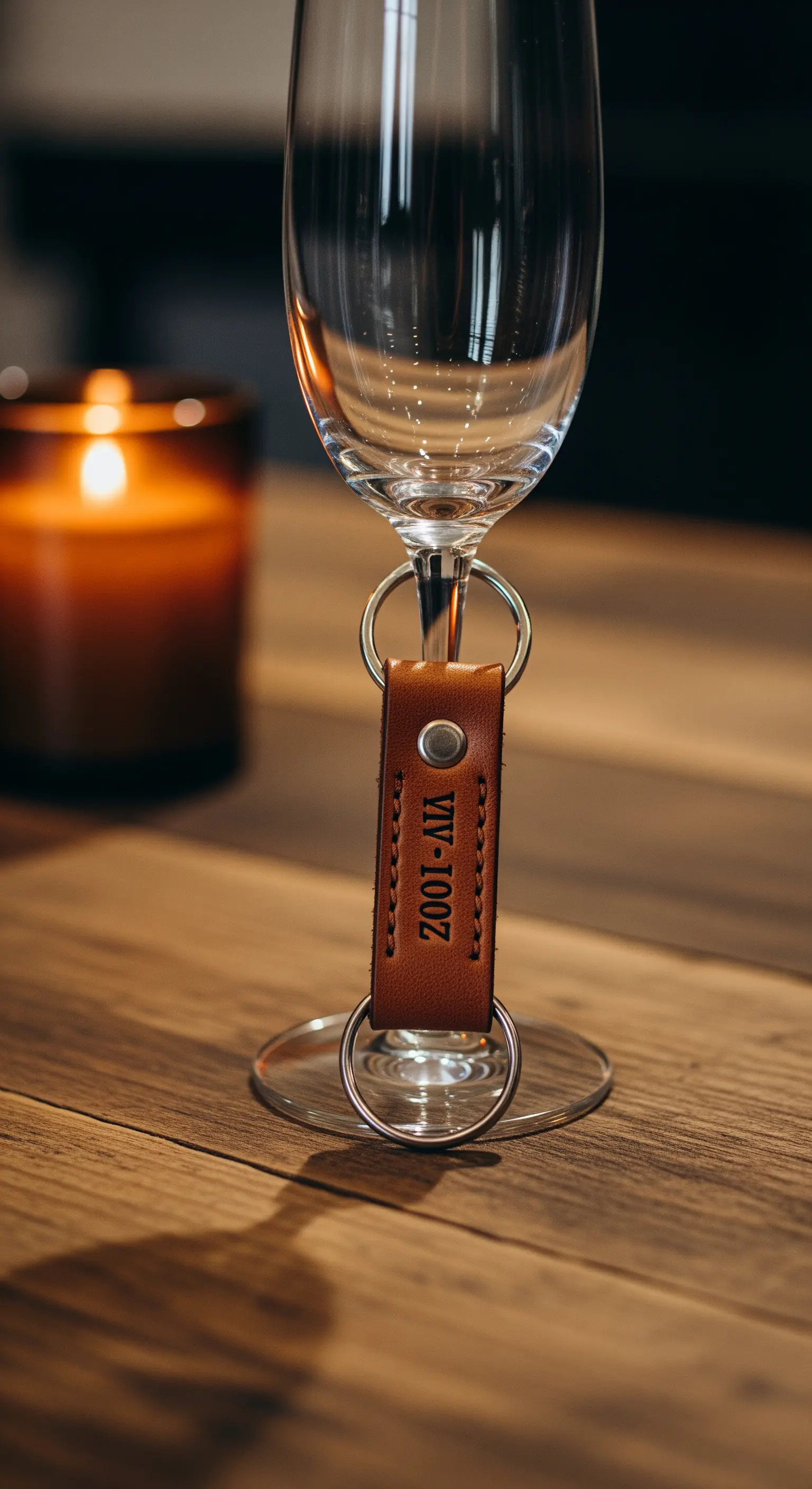 Portachiavi in pelle personalizzato appeso allo stelo di un calice da champagne.