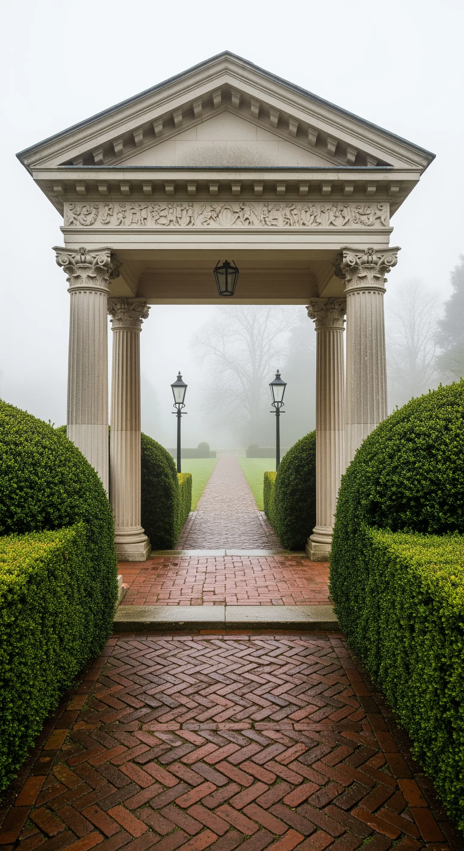 Arco in pietra con colonne classiche che incornicia un sentiero nel giardino nebbioso.