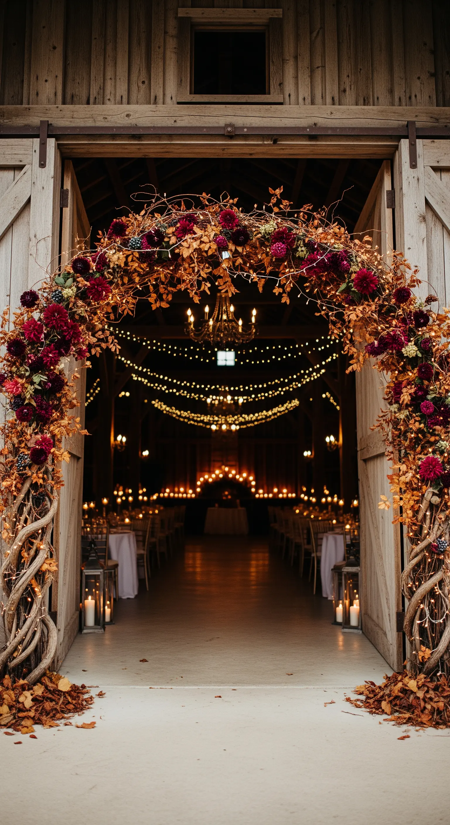 Arco floreale autunnale all'ingresso di un fienile per un ricevimento di nozze.