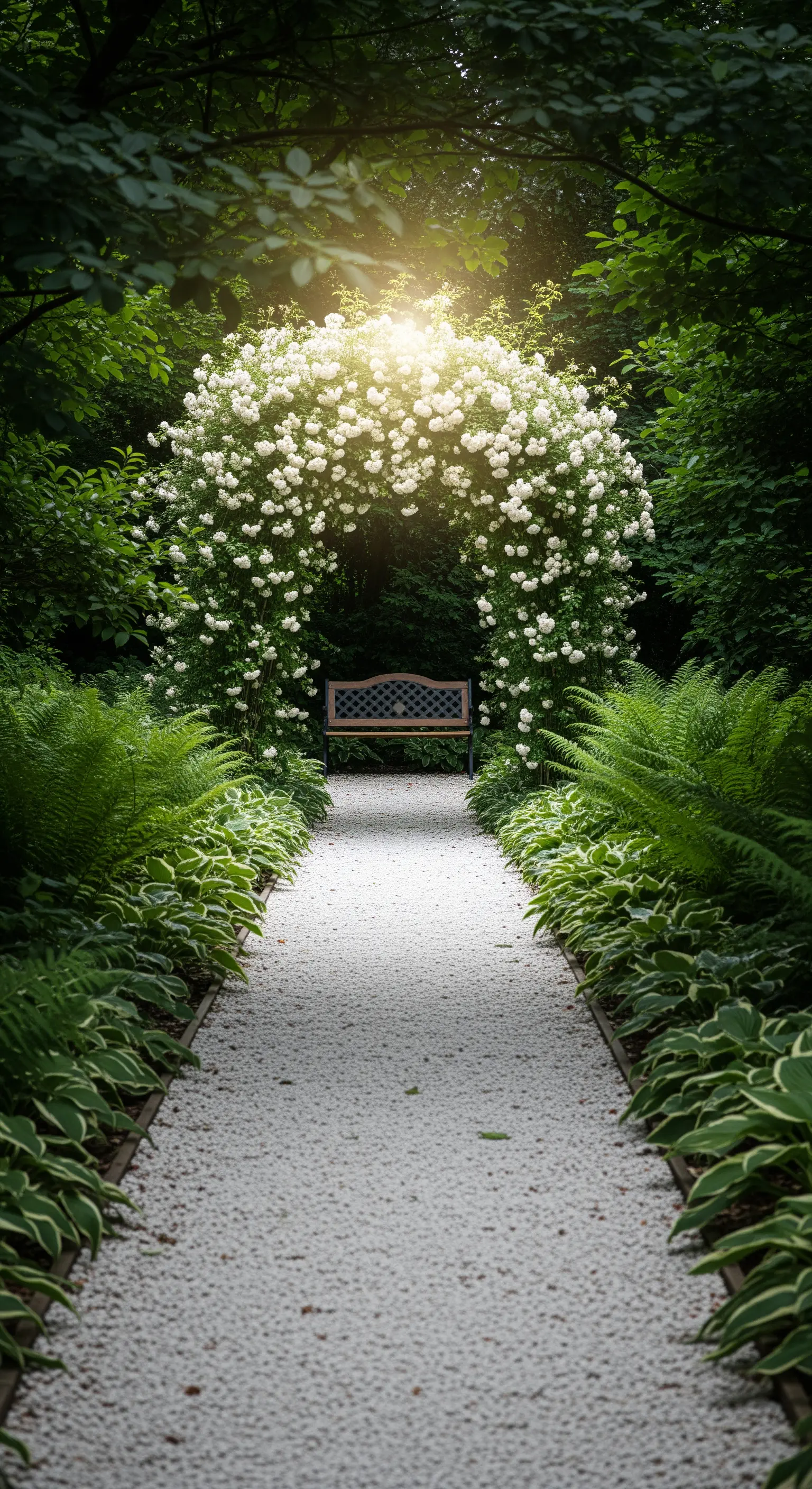 Sentiero di ghiaia che conduce a una panchina sotto un arco di rose bianche in un bosco lussureggiante.