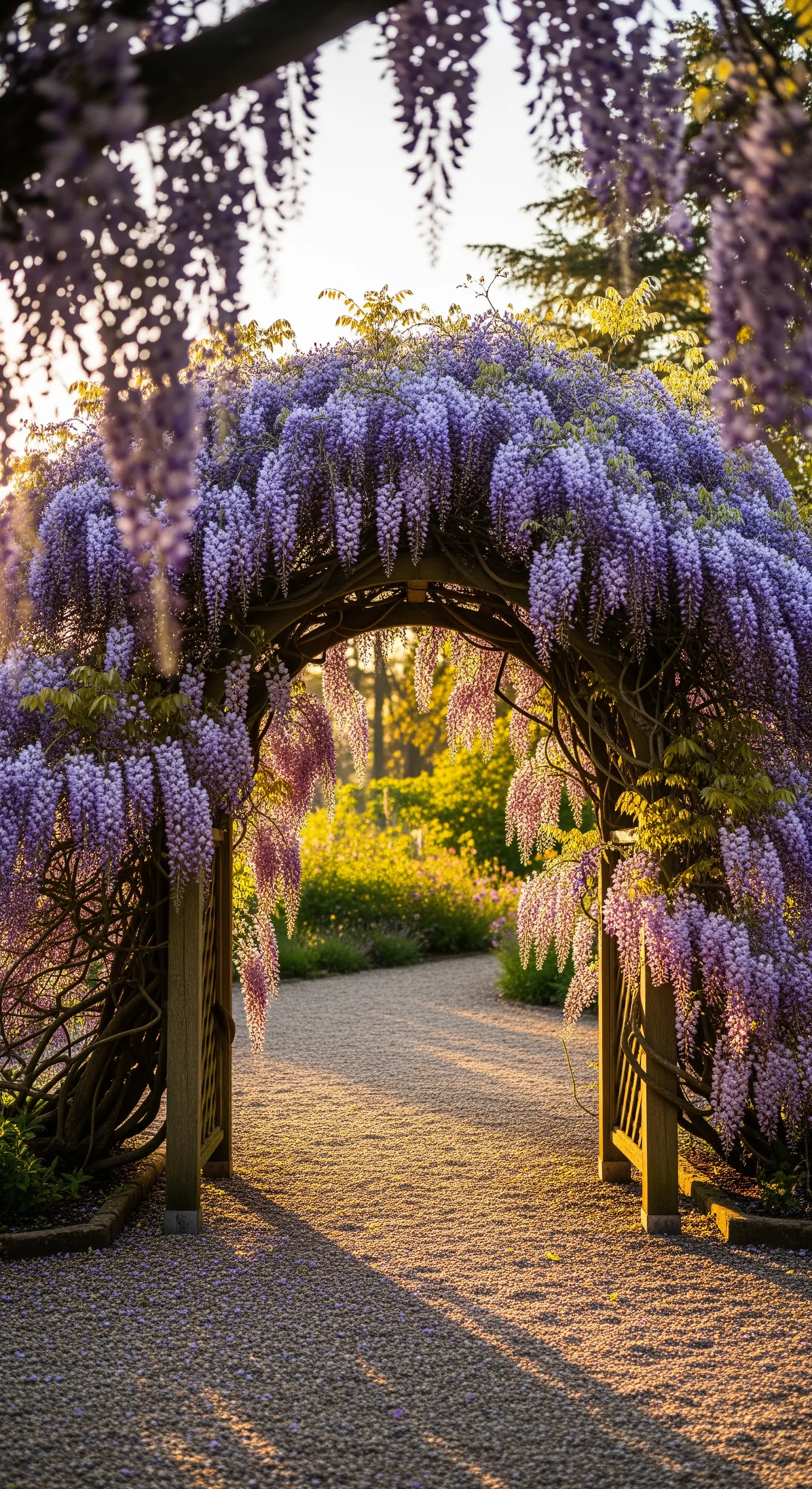 Arco in legno rigoglioso di glicine viola, con la luce dorata del tramonto che filtra attraverso i fiori.