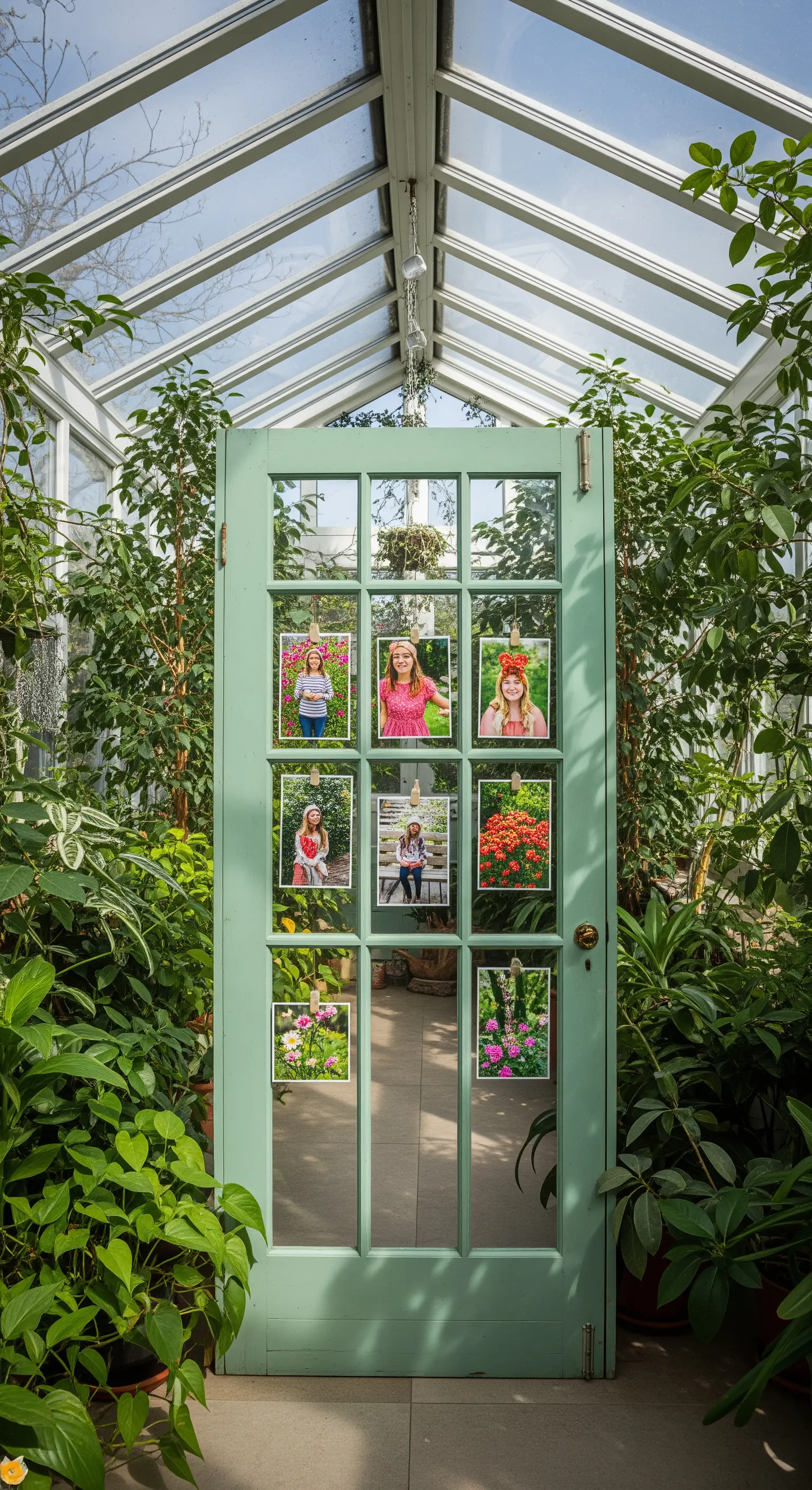 Vecchia porta a vetri verde menta usata come espositore di foto all'interno di una serra rigogliosa.