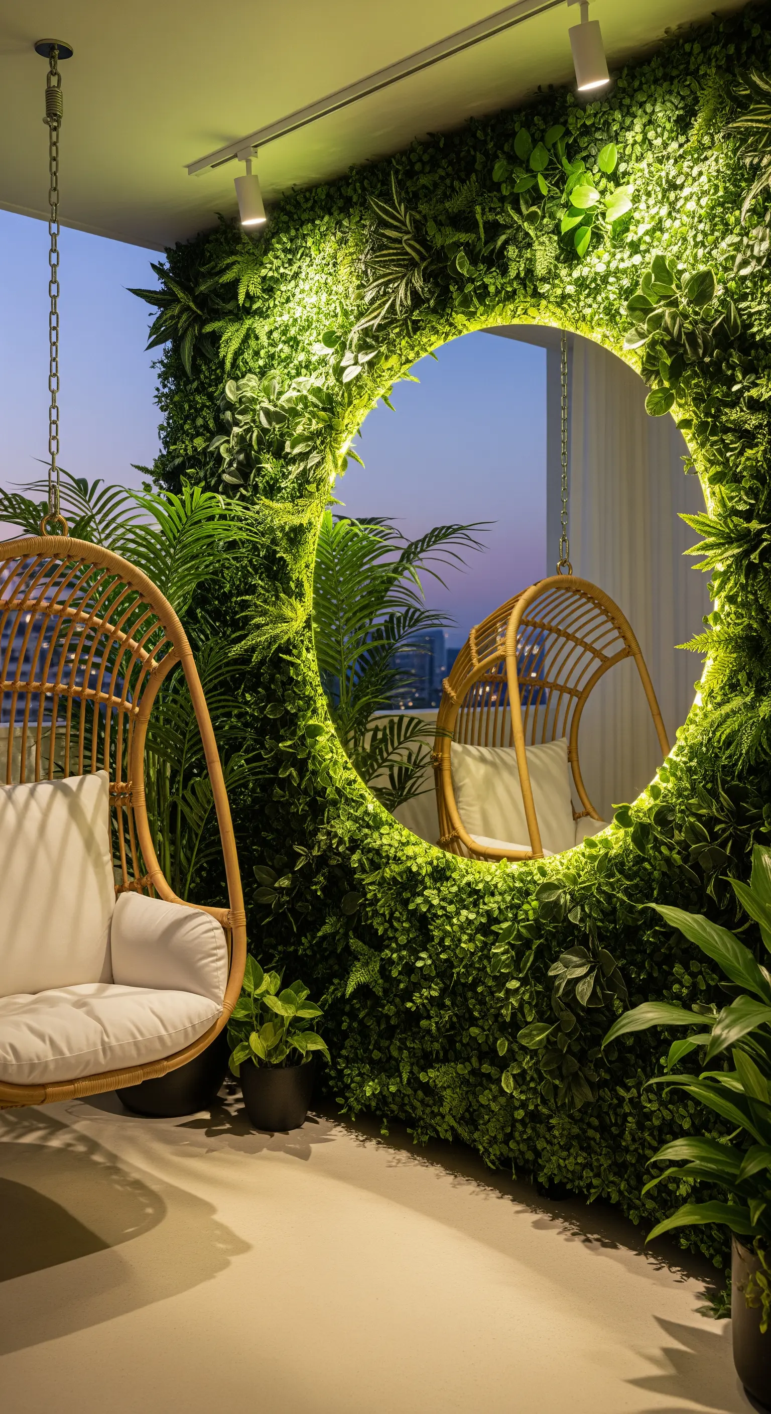 Specchio rotondo retroilluminato incastonato in una parete verde verticale lussureggiante.