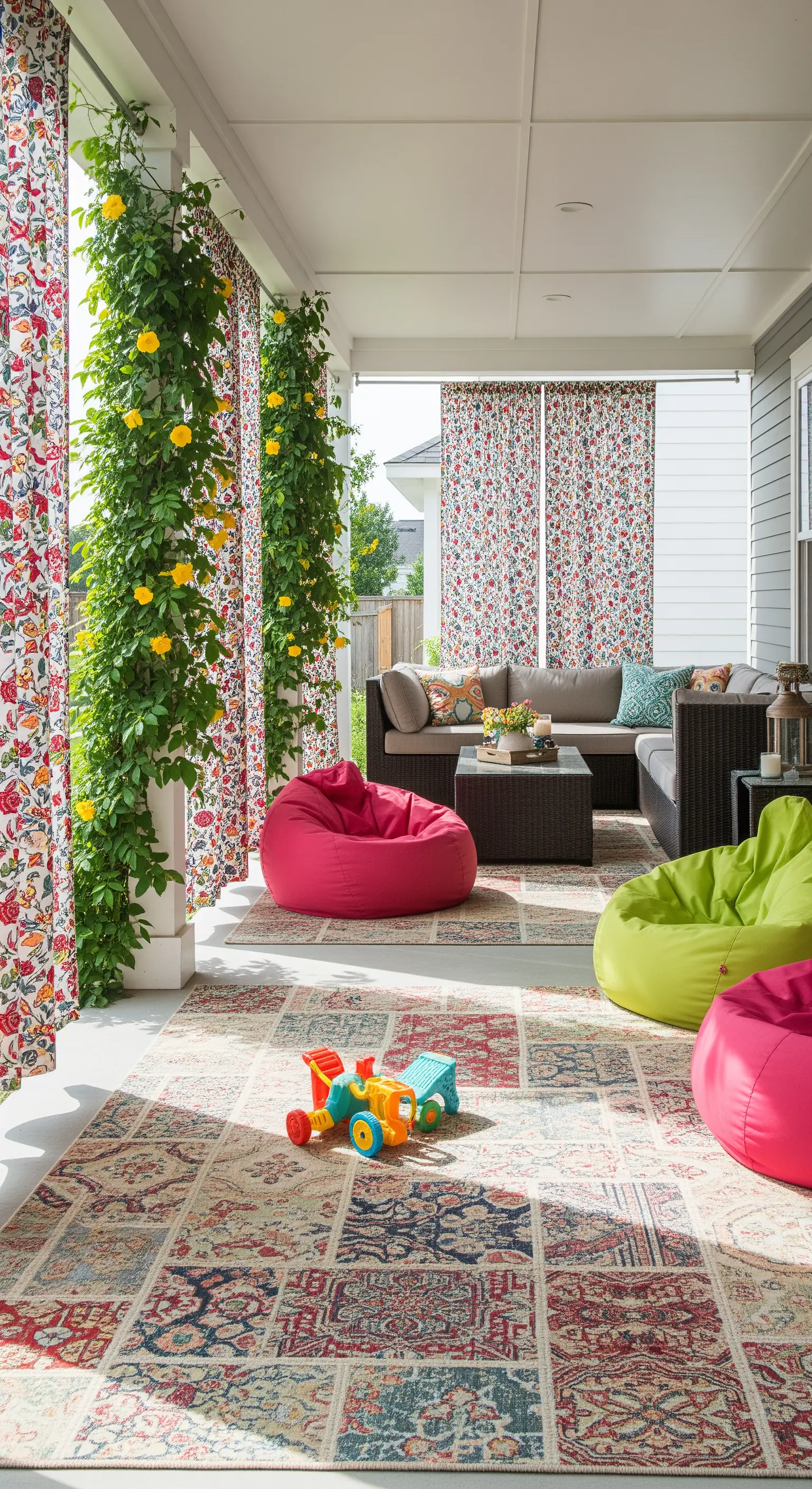 Portico per famiglie con divano, pouf a sacco colorati, tappeto patchwork e tende a fiori.