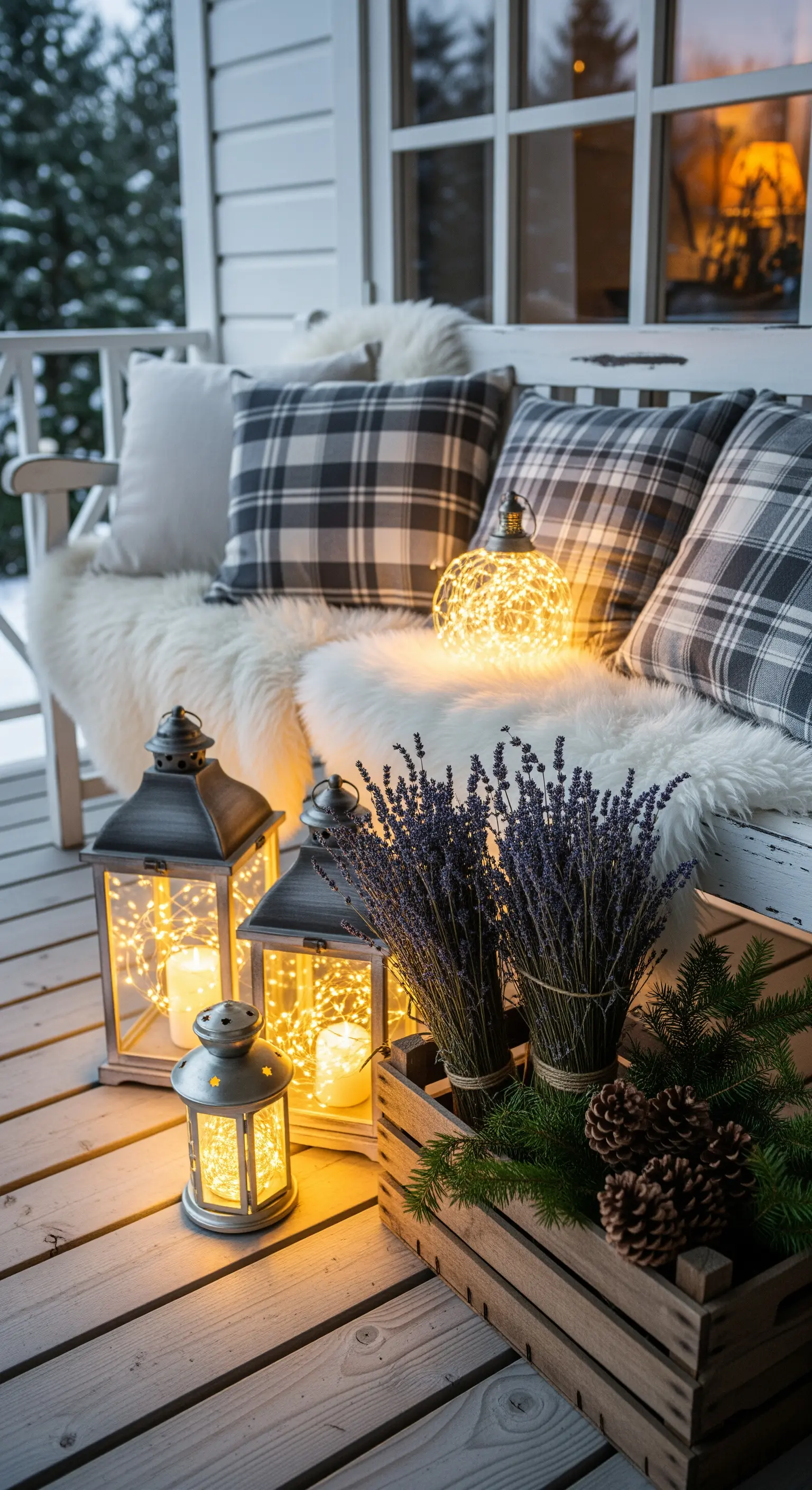 Panca da portico invernale con cuscini tartan, pelli sintetiche e lanterne illuminate con lucine.