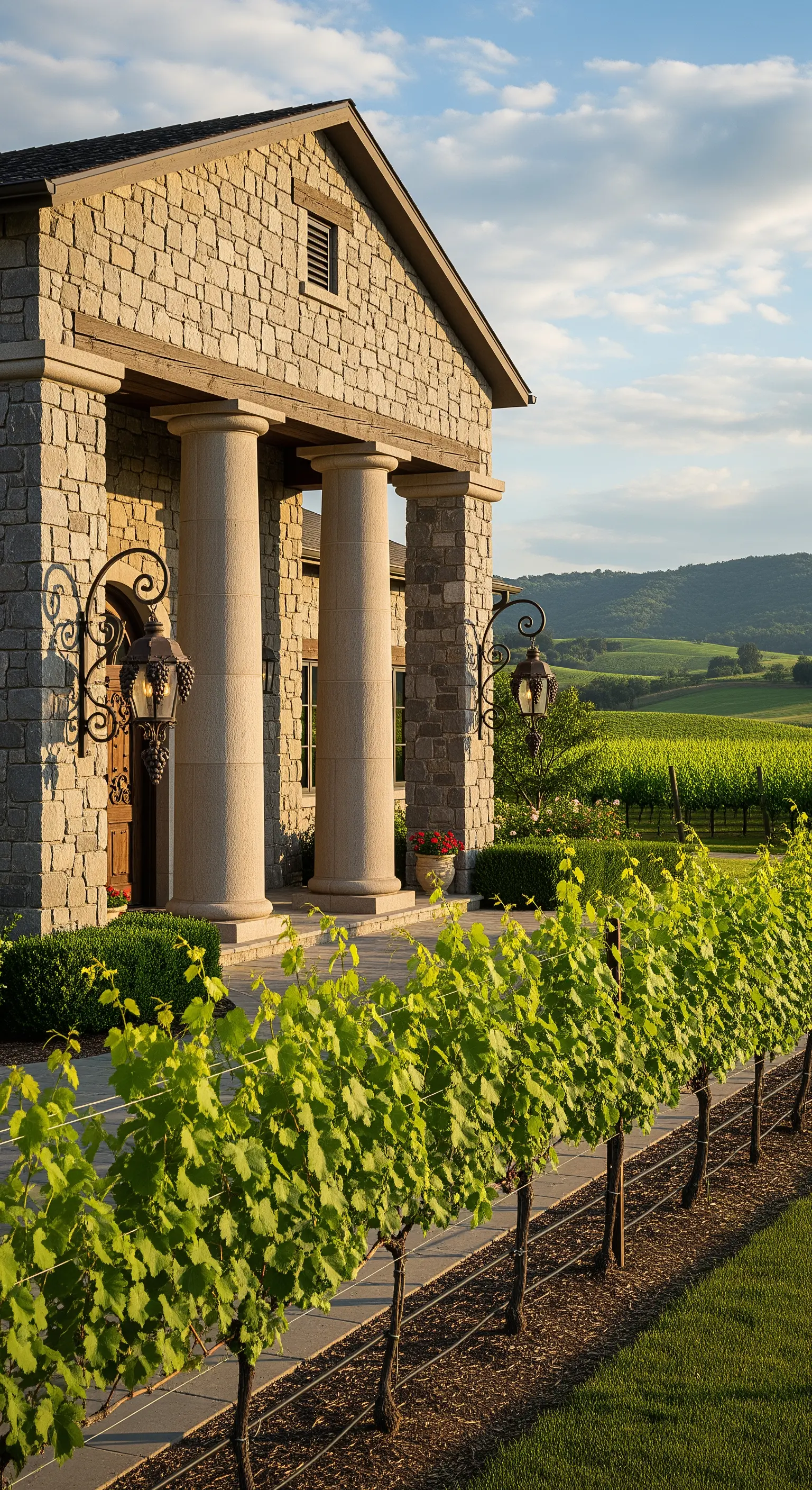 Portico in pietra di una cantina vinicola, con vista sui vigneti e applique a tema uva